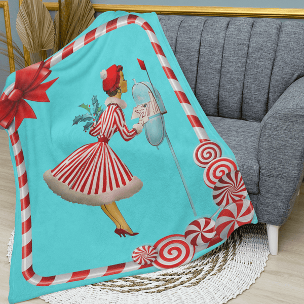 Mid Century Modern, Aqua, Red, Christmas Candy Cane, Kitschy Retro Velveteen Minky Blanket