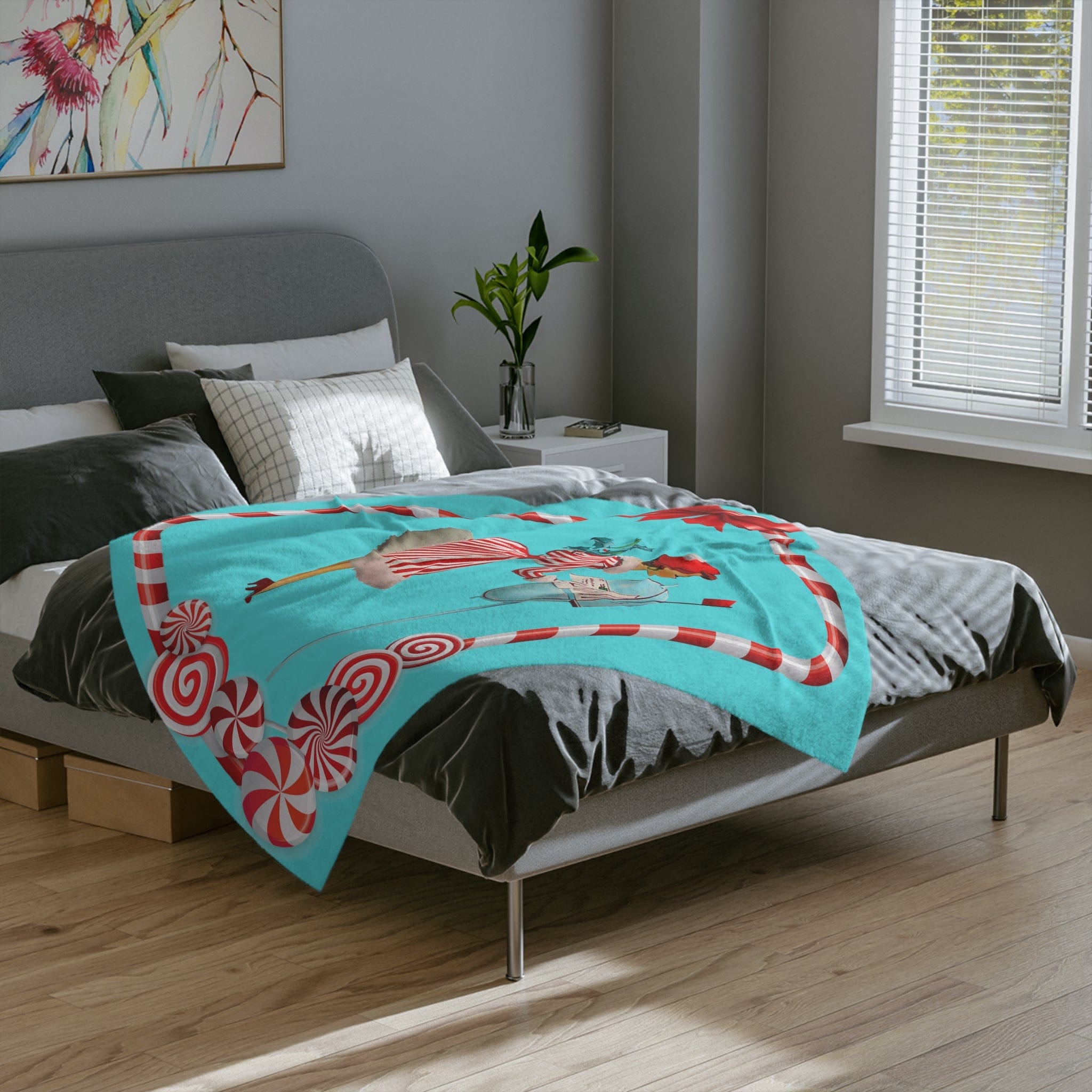Mid Century Modern, Aqua, Red, Christmas Candy Cane, Kitschy Retro Velveteen Minky Blanket Home Decor