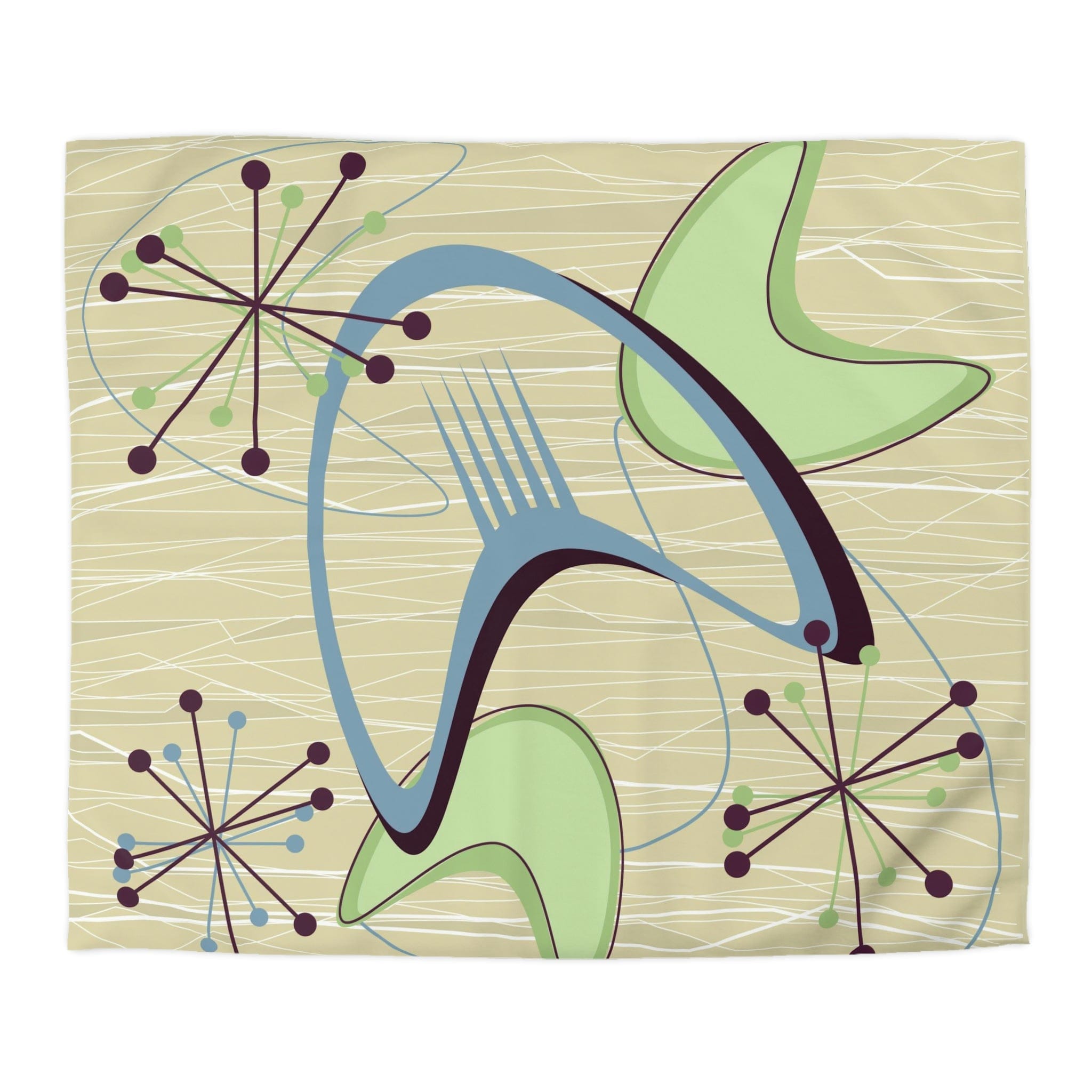 Mid Century Modern Atomic Boomerang, Retro, Green, Blue, Starburst, Sputnik Modern Duvet Cover Home Decor