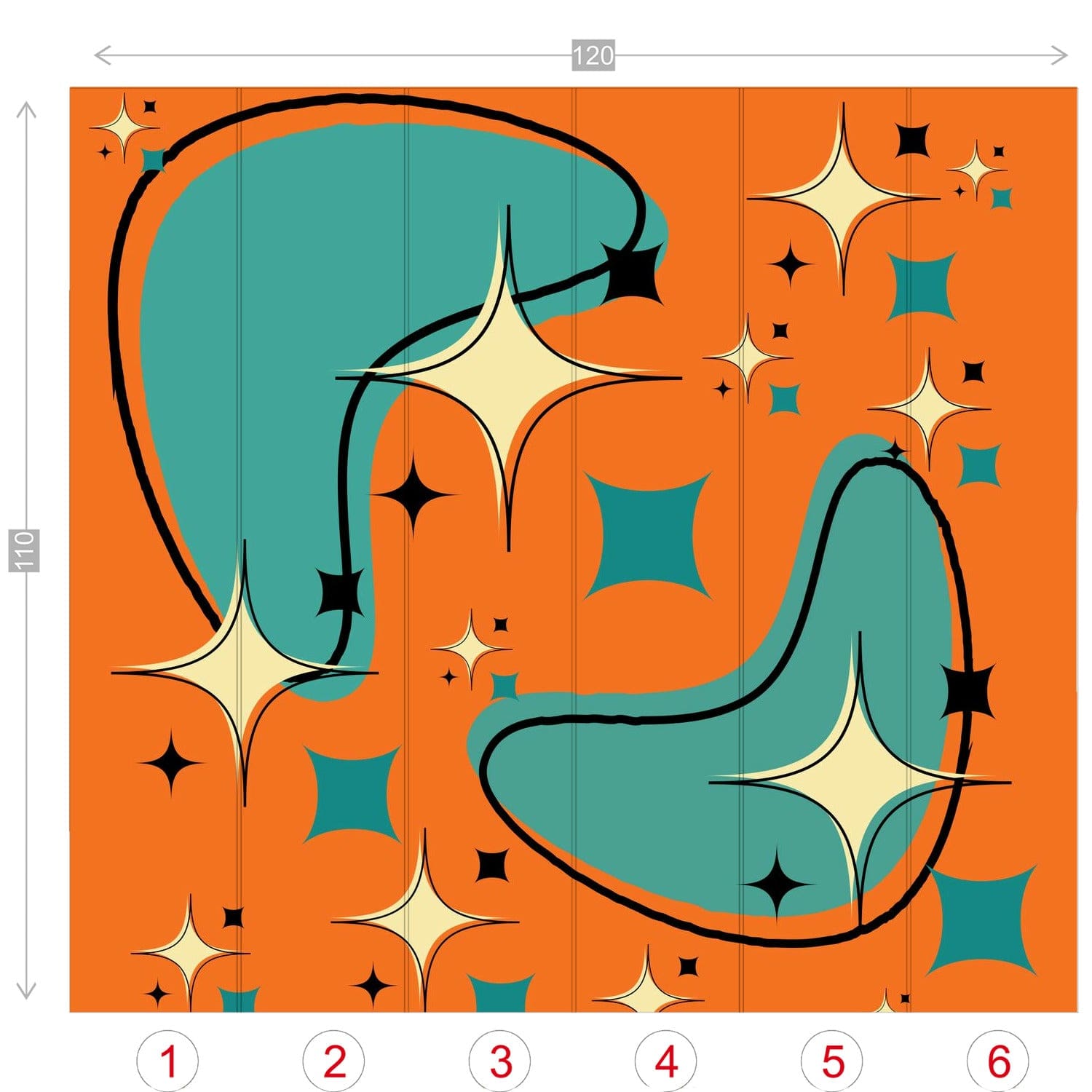 Mid Century Modern, Atomic Boomerang, Starburst, Teal, Orange Peel And Stick Wall Murals Wallpaper