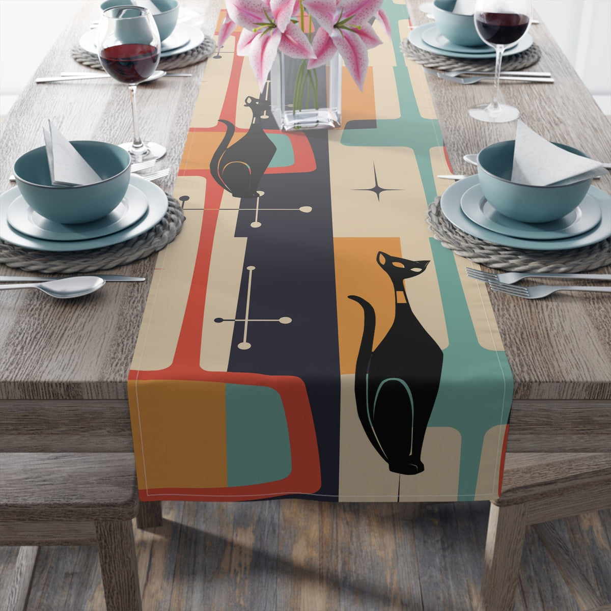 Mid Century Modern Atomic Cat, Retro Table Runner Home Decor