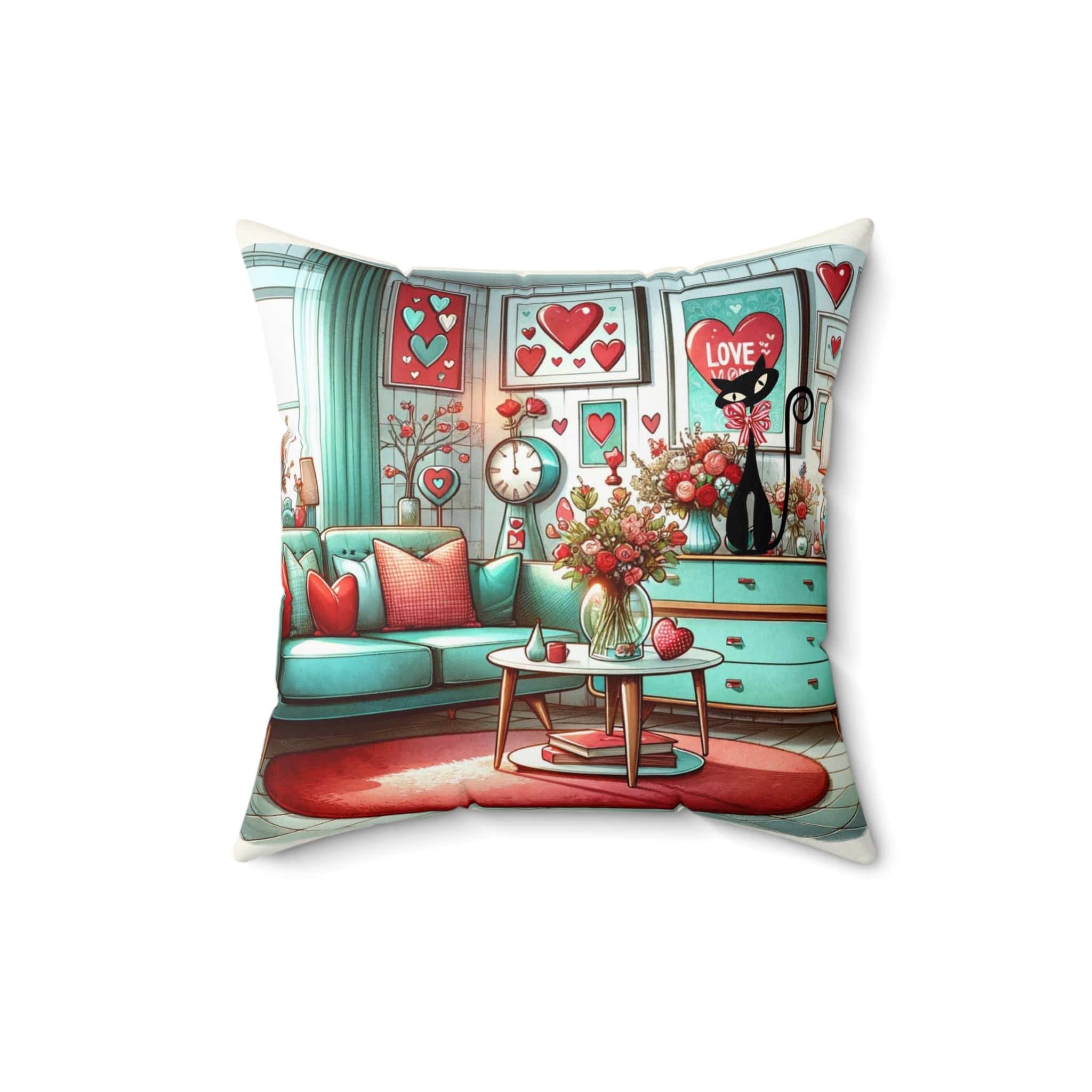 Mid Century Modern Atomic Cat, Valentine Kitsch Love Pillow, Pink, Aquas, Red, Retro Valentine Pillow And Insert Home Decor