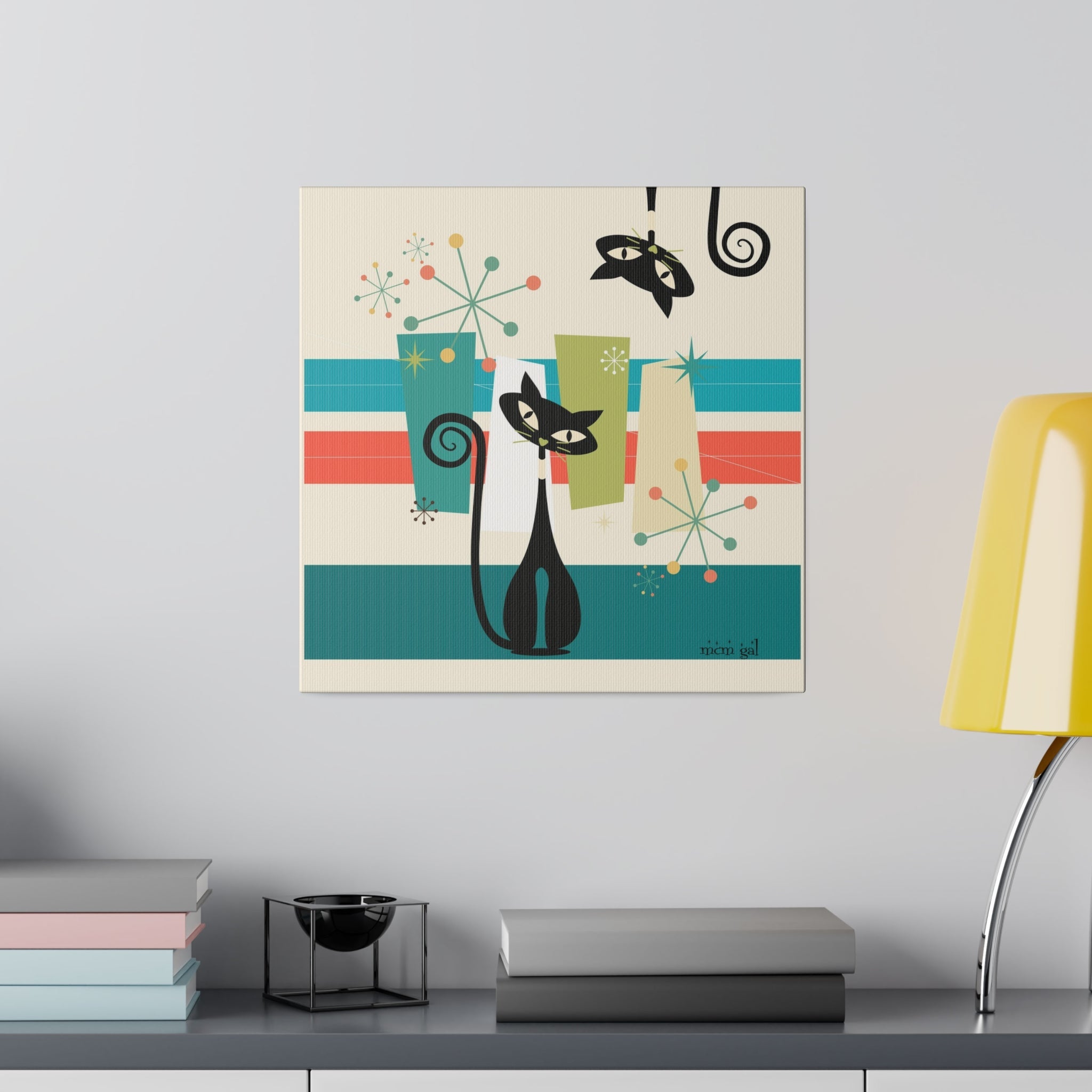 Mid Century Modern Atomic Kitty Cat, MCM Wall Art Matte Canvas Canvas