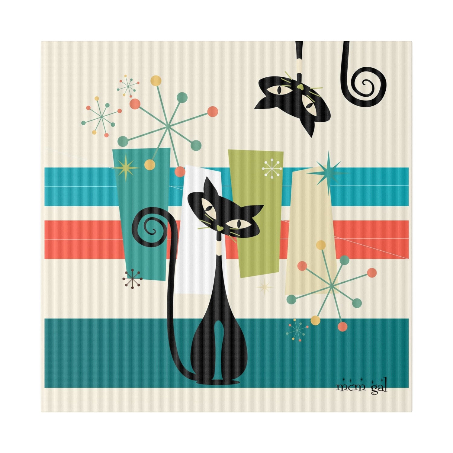 Mid Century Modern Atomic Kitty Cat, MCM Wall Art Matte Canvas Canvas
