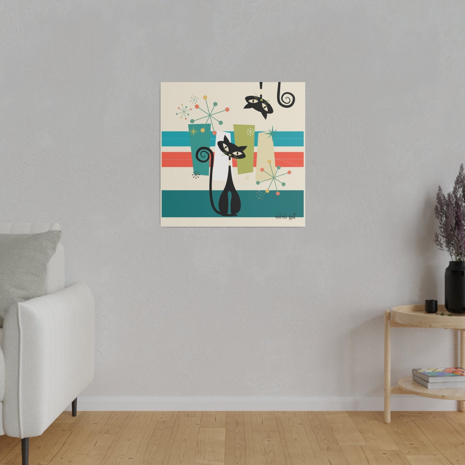 Mid Century Modern Atomic Kitty Cat, MCM Wall Art Matte Canvas Canvas
