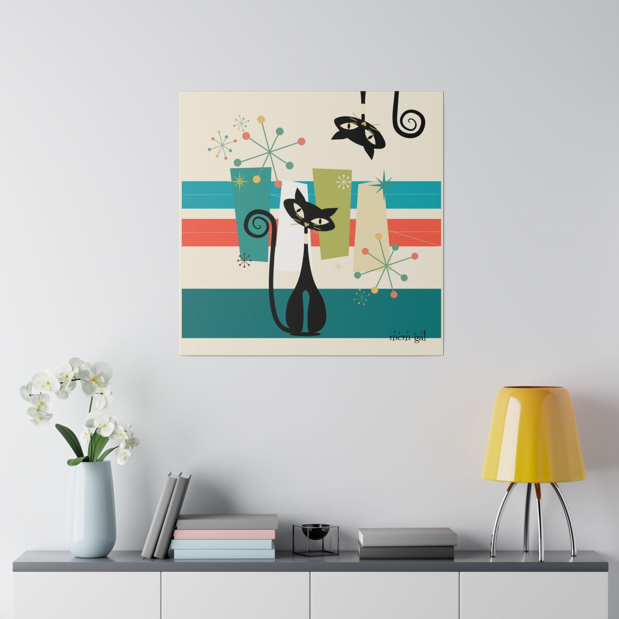 Mid Century Modern Atomic Kitty Cat, MCM Wall Art Matte Canvas Canvas