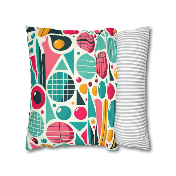 Mid Century Modern Atomic Pink, Geometric, Aqua Blue, Yellow, Mod Retro Groovy Spun Polyester Square Pillow Case