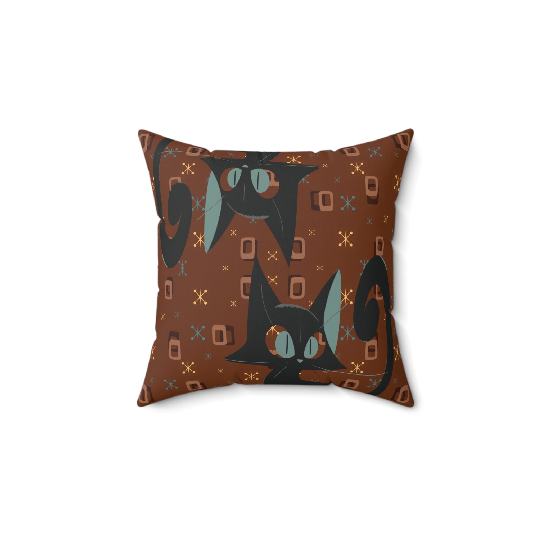 Mid Century Modern Atomic Space Kitty Cat, Kitschy Retro Brown, Geometric, Starbursts, MCM Pillow And Insert Home Decor