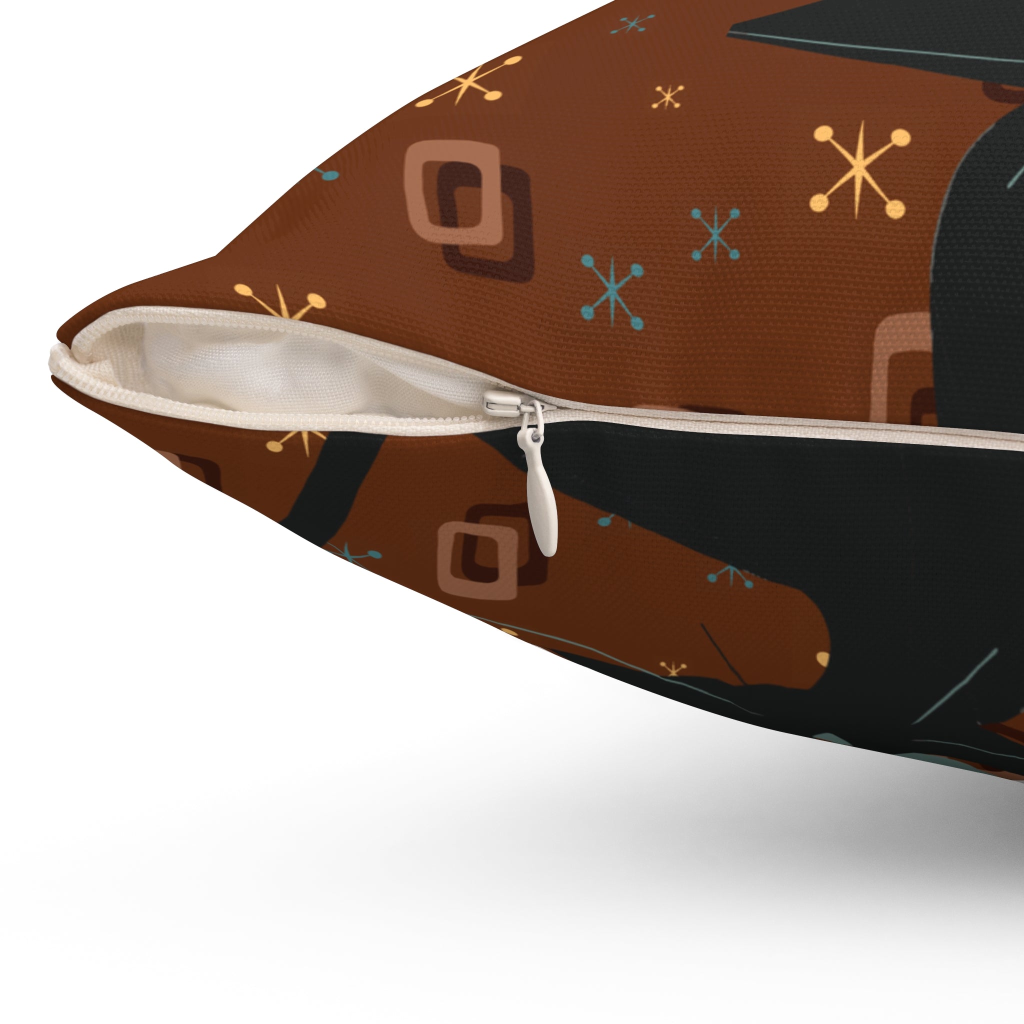 Mid Century Modern Atomic Space Kitty Cat, Kitschy Retro Brown, Geometric, Starbursts, MCM Pillow And Insert Home Decor