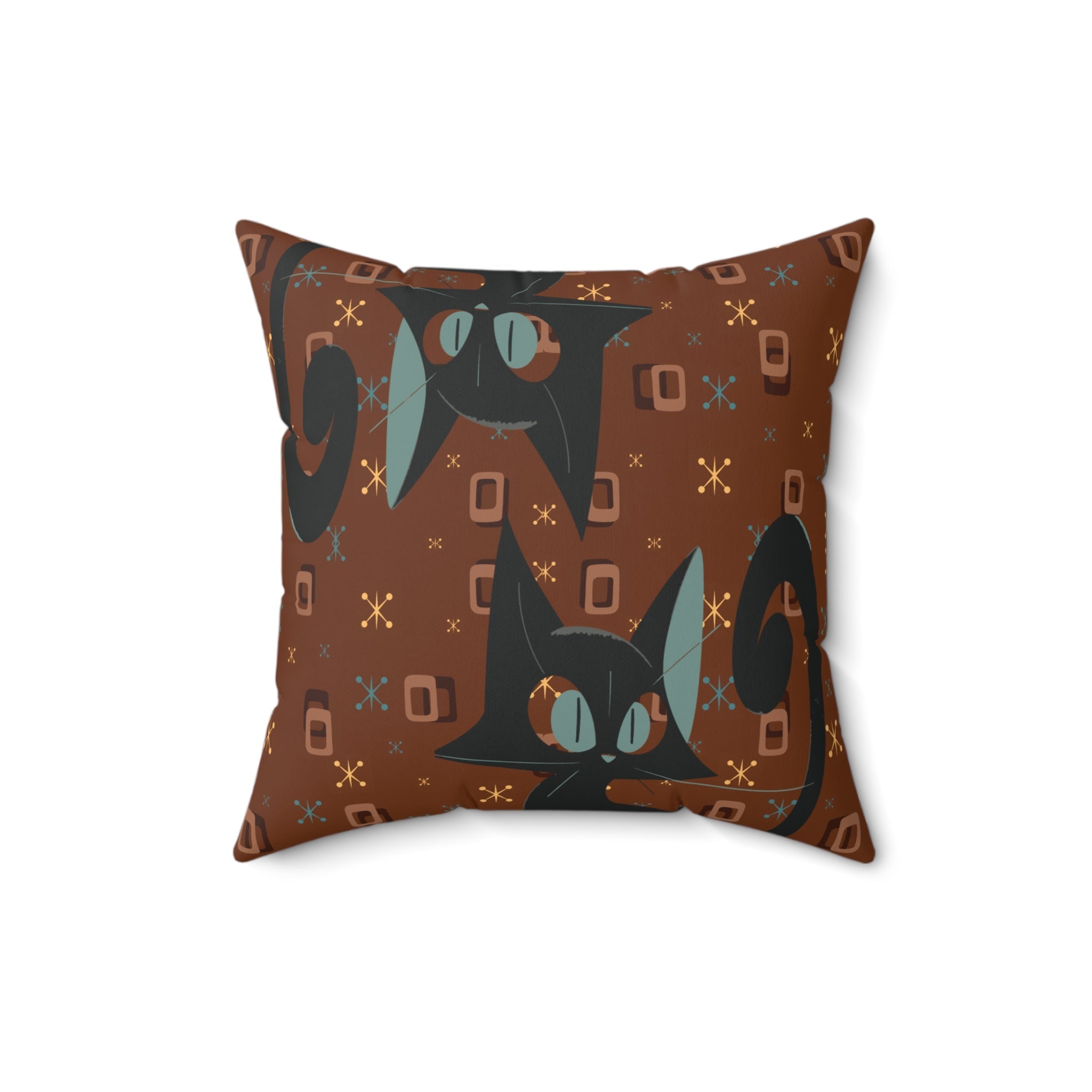 Mid Century Modern Atomic Space Kitty Cat, Kitschy Retro Brown, Geometric, Starbursts, MCM Pillow And Insert Home Decor