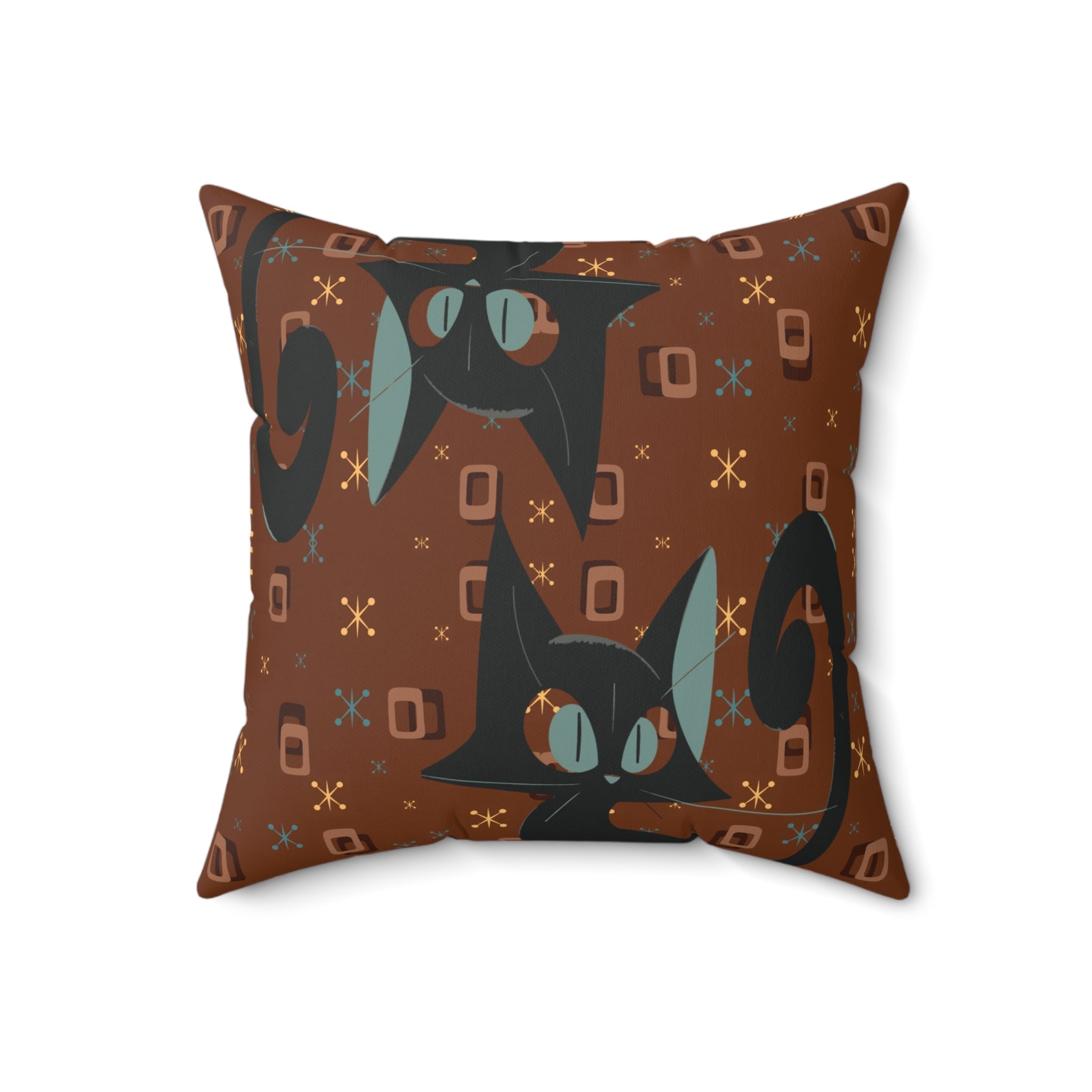 Mid Century Modern Atomic Space Kitty Cat, Kitschy Retro Brown, Geometric, Starbursts, MCM Pillow And Insert Home Decor