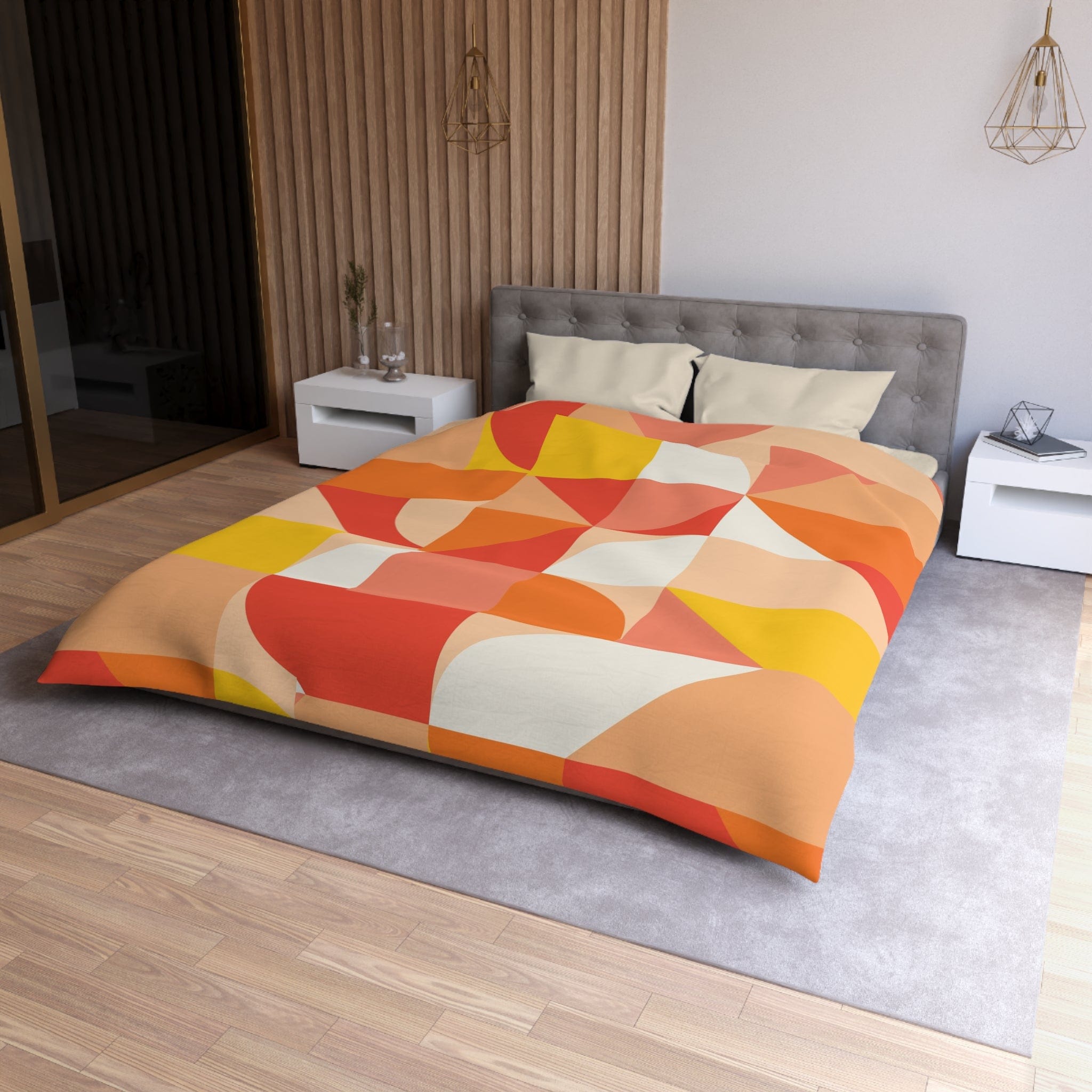 Mid Century Modern Bedding Bright Yellow, Orange, Pink, Beige Retro Geometric MCM Design Duvet Cover