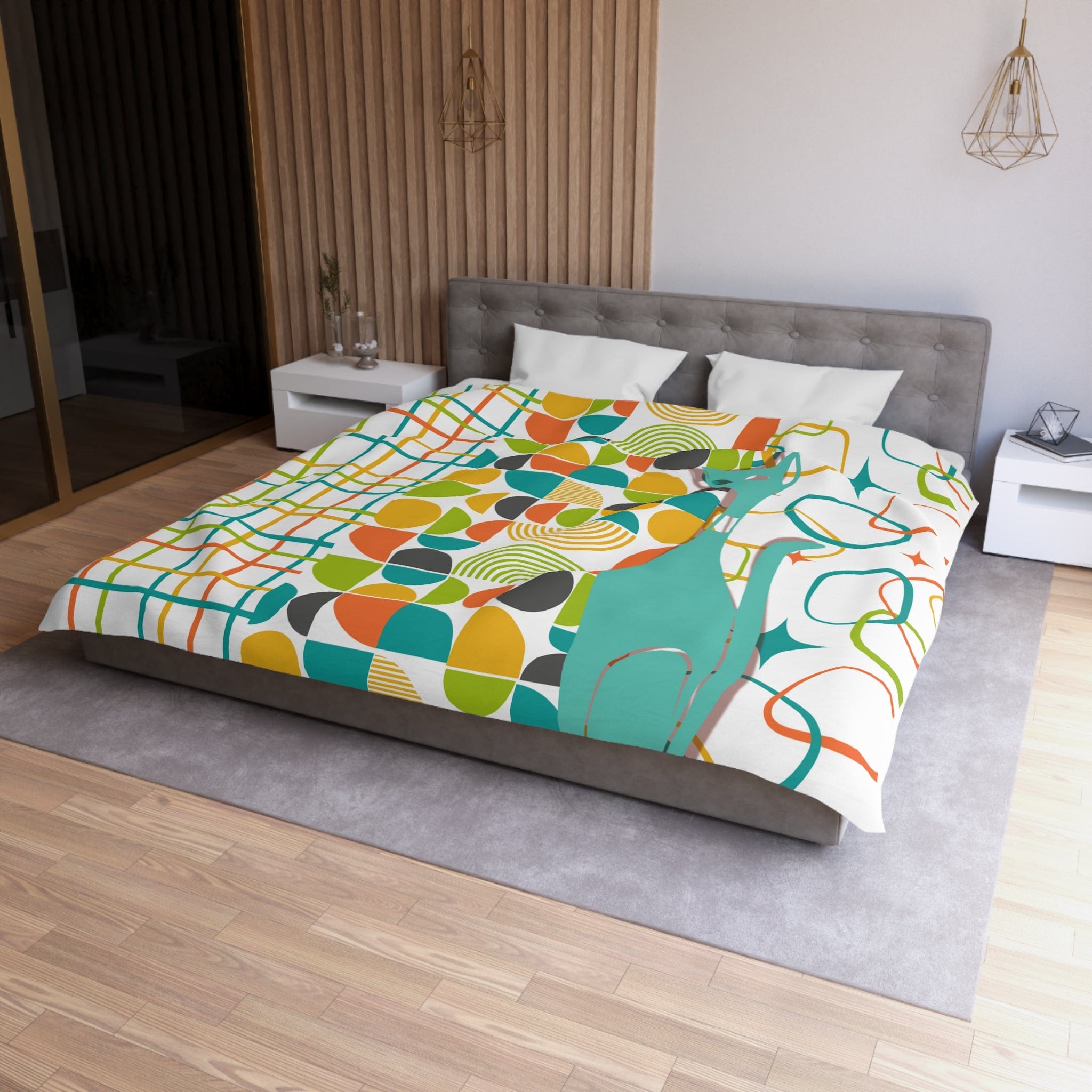 Mid Century Modern Bedding, Duvet, Atomic Cat, White, Aqua, Orange, Yellow, FUN, Funky, Geometric, Retro Home Decor Microfiber Duvet Cover Home Decor