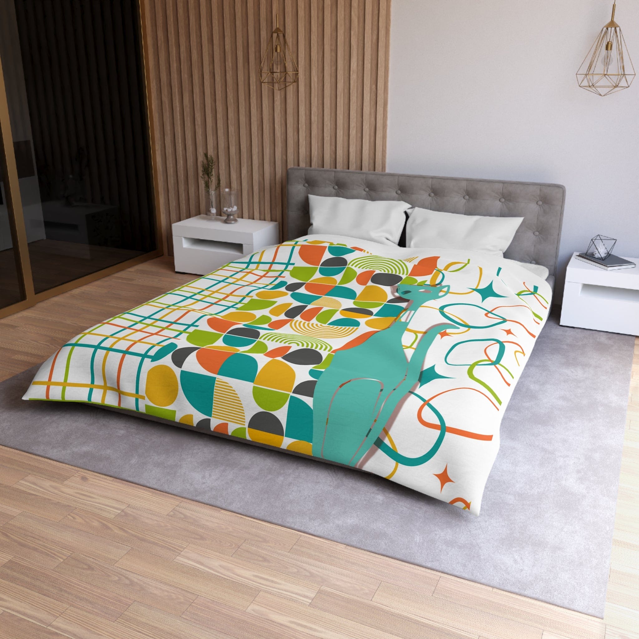 Mid Century Modern Bedding, Duvet, Atomic Cat, White, Aqua, Orange, Yellow, FUN, Funky, Geometric, Retro Home Decor Microfiber Duvet Cover Home Decor