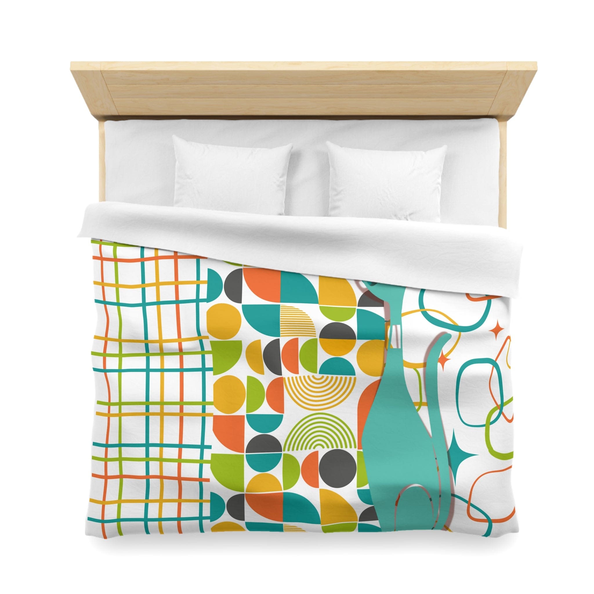 Mid Century Modern Bedding, Duvet, Atomic Cat, White, Aqua, Orange, Yellow, FUN, Funky, Geometric, Retro Home Decor Microfiber Duvet Cover Home Decor
