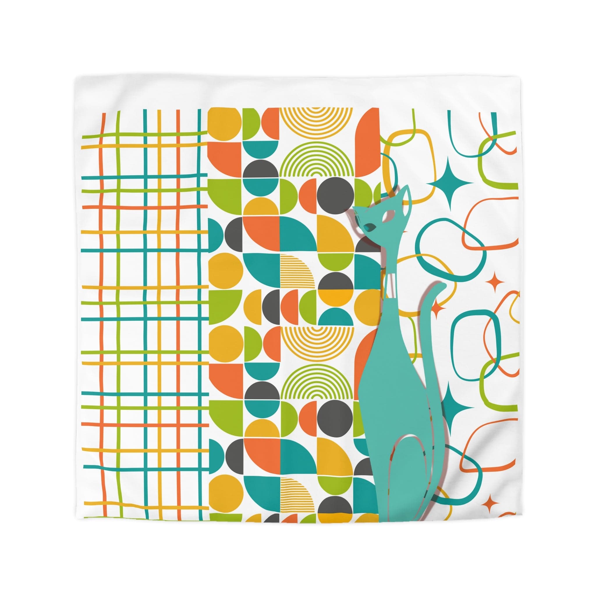 Mid Century Modern Bedding, Duvet, Atomic Cat, White, Aqua, Orange, Yellow, FUN, Funky, Geometric, Retro Home Decor Microfiber Duvet Cover Home Decor