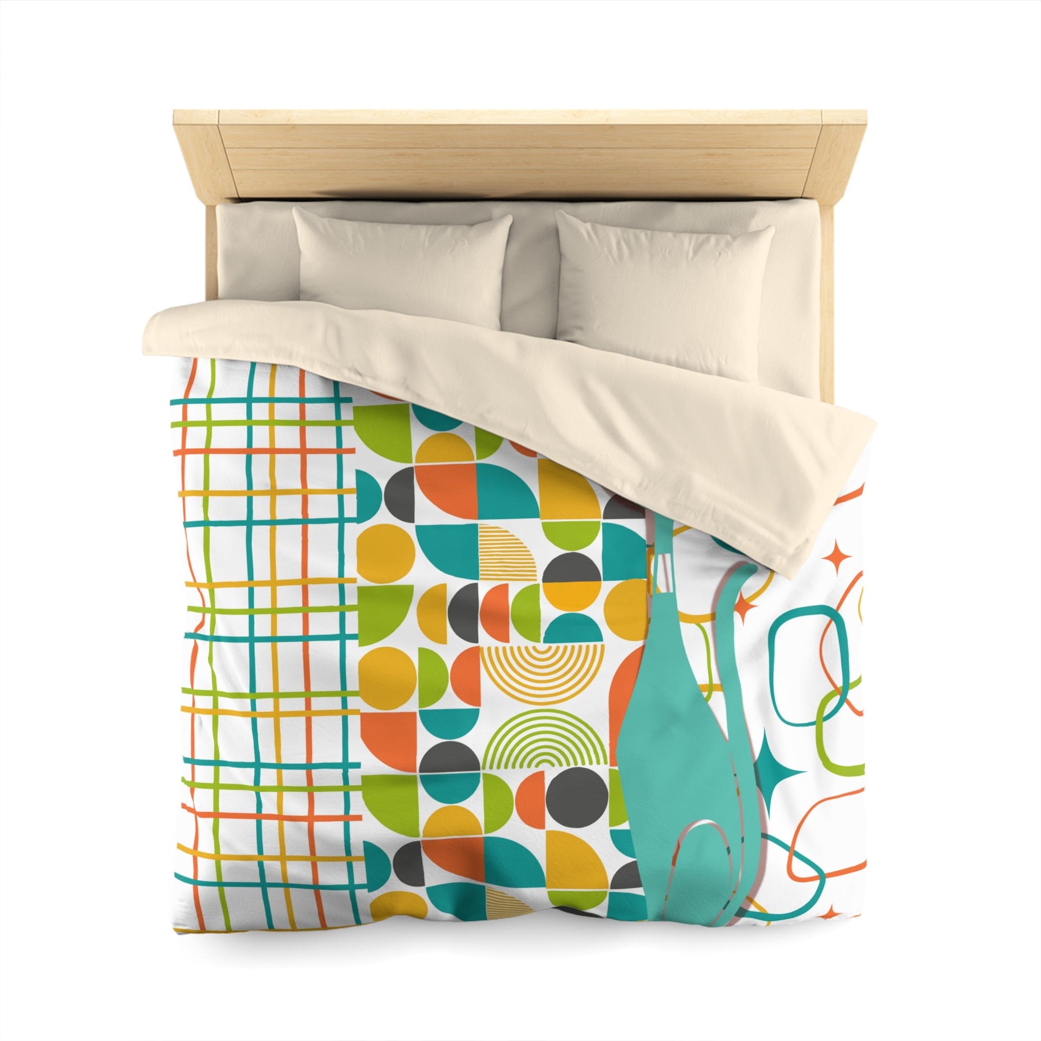 Mid Century Modern Bedding, Duvet, Atomic Cat, White, Aqua, Orange, Yellow, FUN, Funky, Geometric, Retro Home Decor Microfiber Duvet Cover Home Decor
