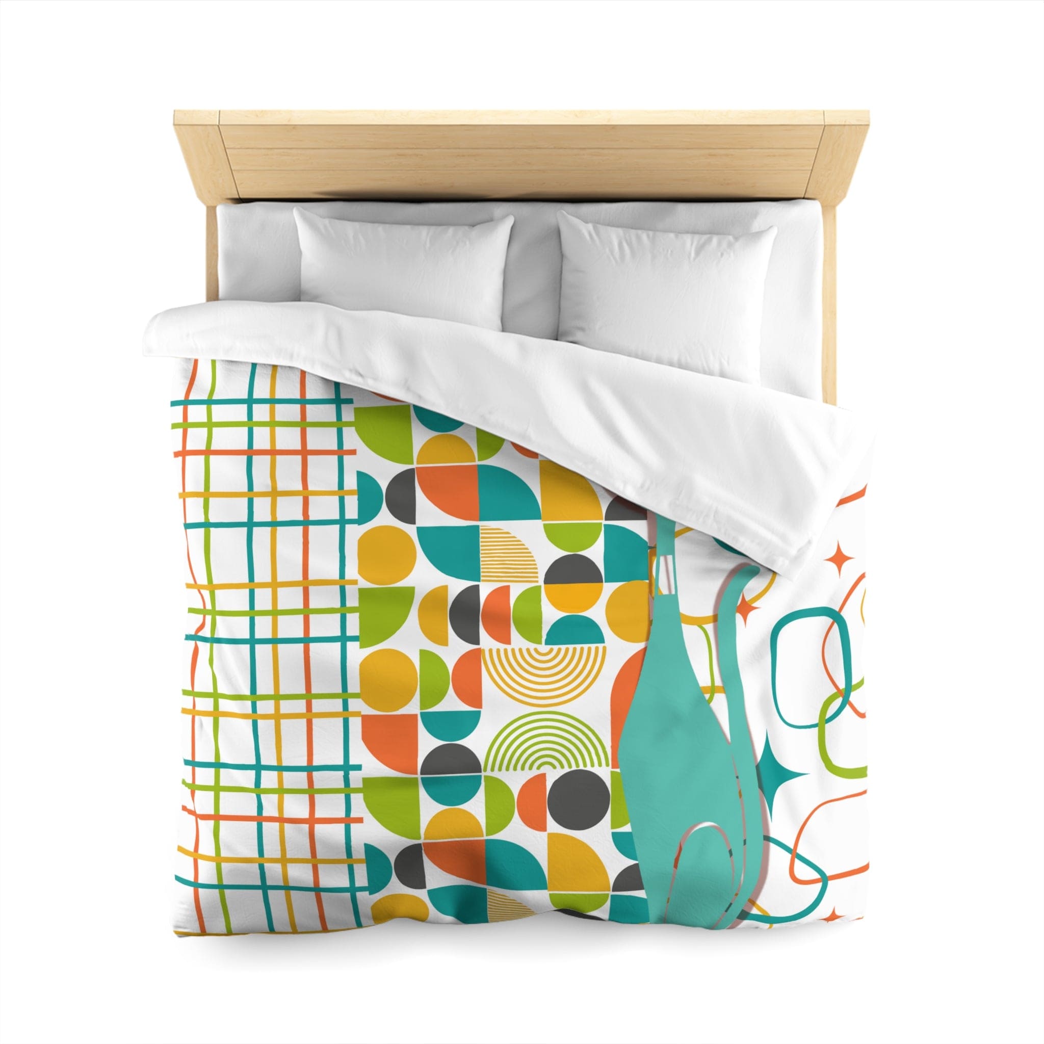 Mid Century Modern Bedding, Duvet, Atomic Cat, White, Aqua, Orange, Yellow, FUN, Funky, Geometric, Retro Home Decor Microfiber Duvet Cover Home Decor