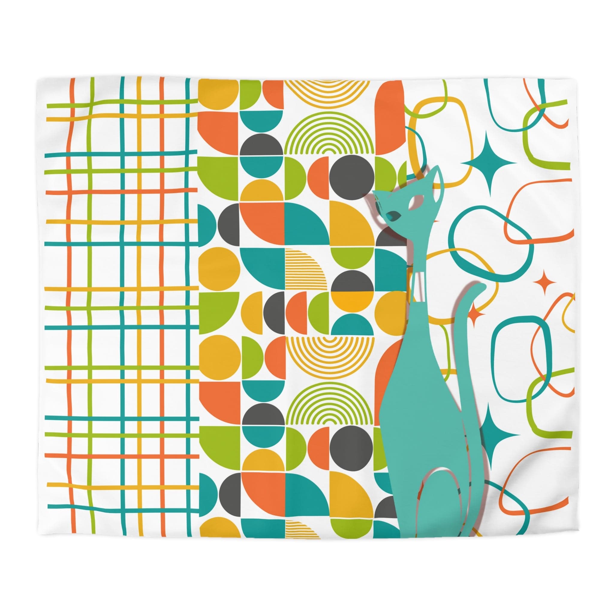 Mid Century Modern Bedding, Duvet, Atomic Cat, White, Aqua, Orange, Yellow, FUN, Funky, Geometric, Retro Home Decor Microfiber Duvet Cover Home Decor