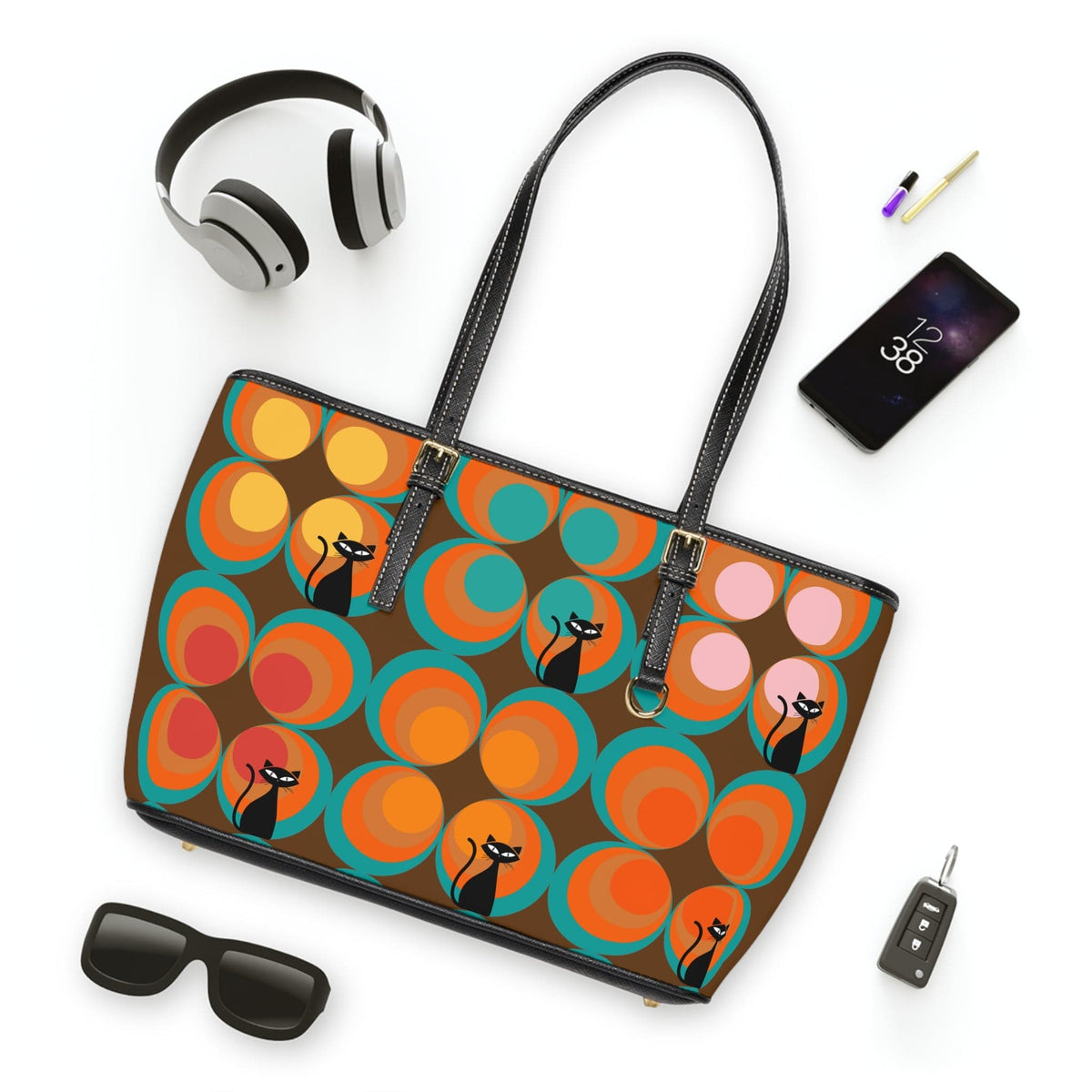 Mid Century Modern, Brown, Groovy Peacock Eye, Atomic Kitties, Fun Shoulder Bag Bags