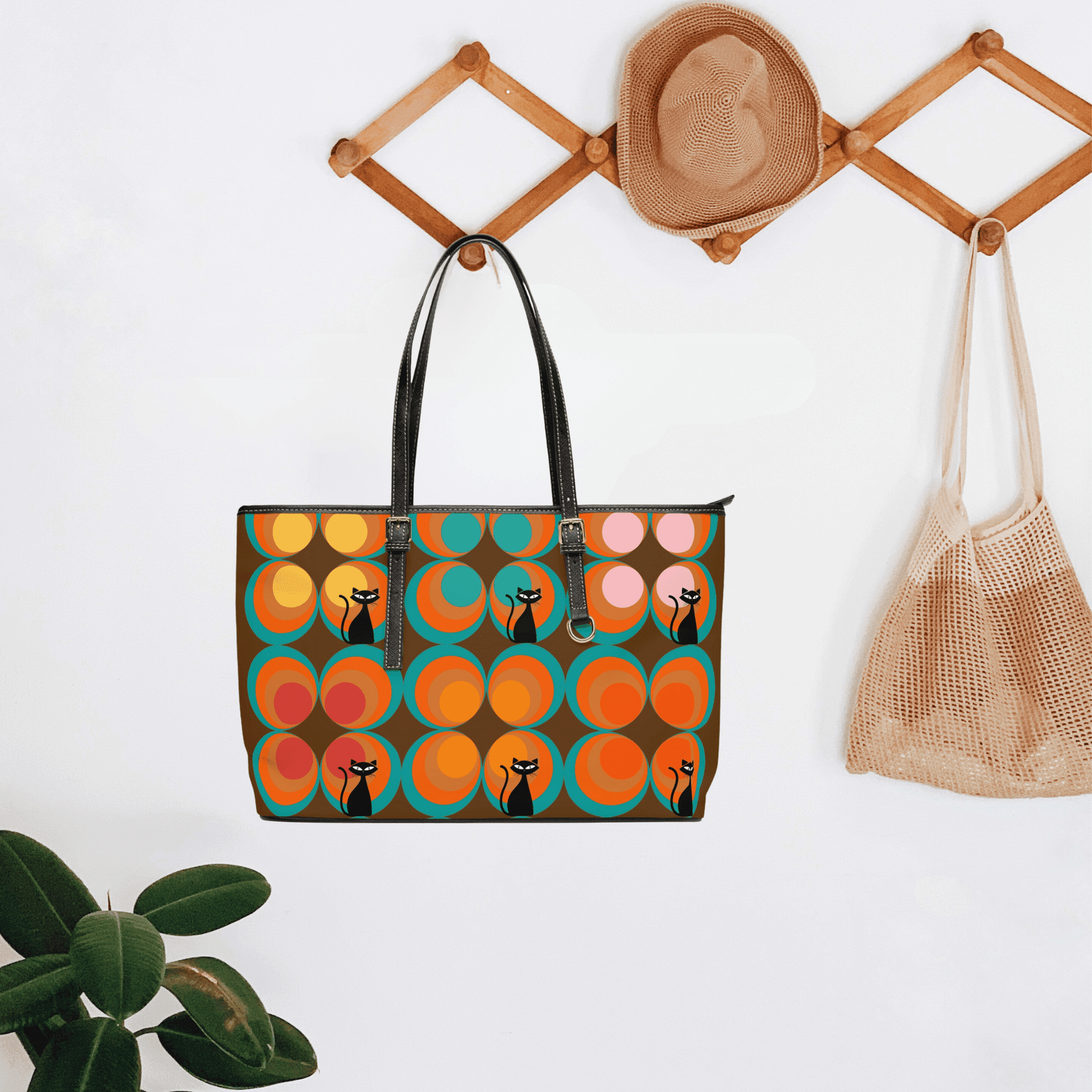 Mid Century Modern, Brown, Groovy Peacock Eye, Atomic Kitties, Fun Shoulder Bag Bags
