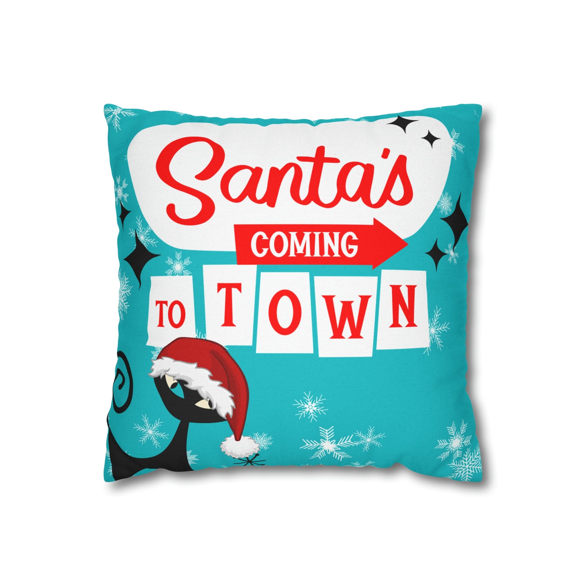 Mid Century Modern Chrismas Pillow Cover, Atomic Kitschy Cat, Snowflakes Pillow Cover, Aqua Blue Holiday MCM Pillow Case Cusion Covers Home Decor