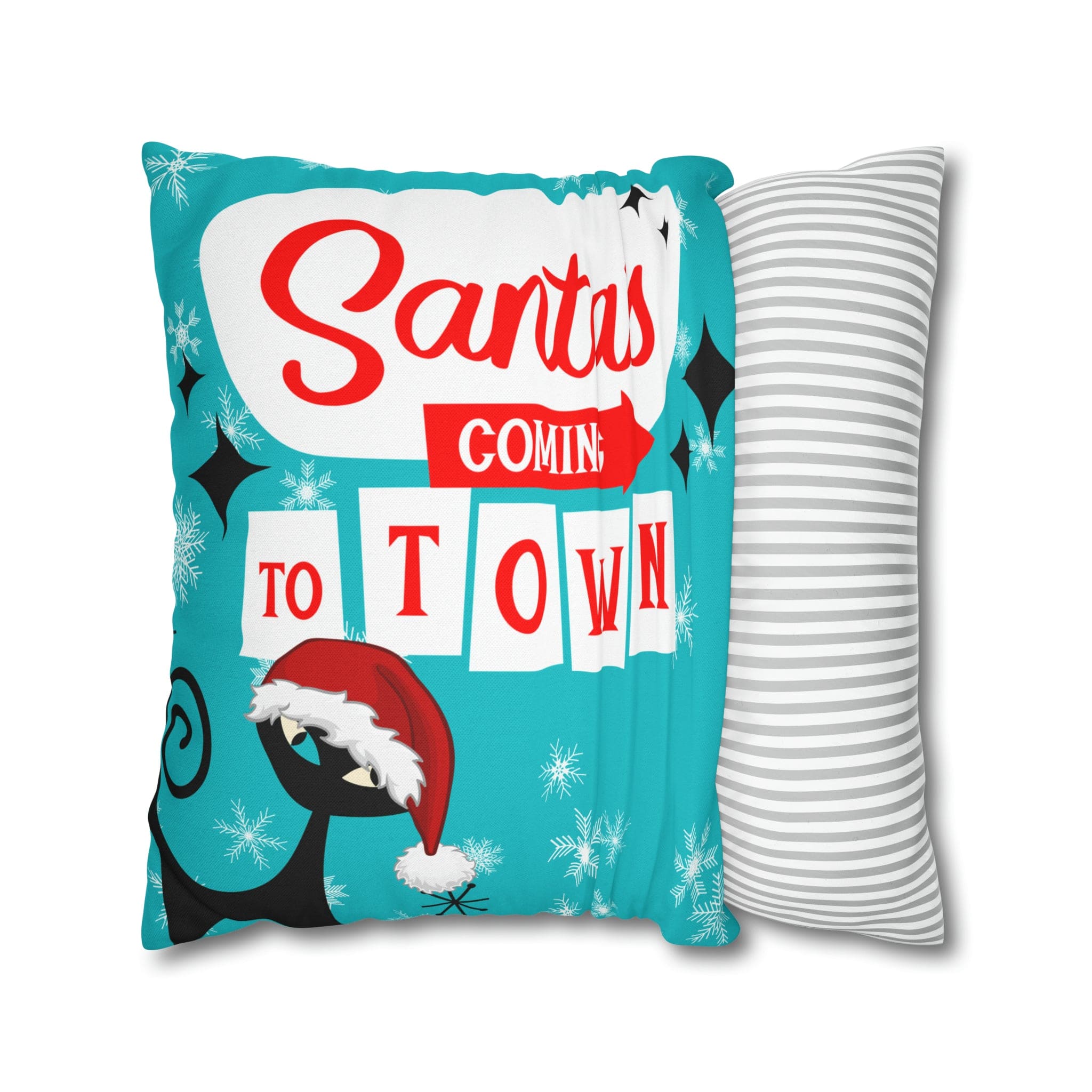 Mid Century Modern Chrismas Pillow Cover, Atomic Kitschy Cat, Snowflakes Pillow Cover, Aqua Blue Holiday MCM Pillow Case Cusion Covers Home Decor