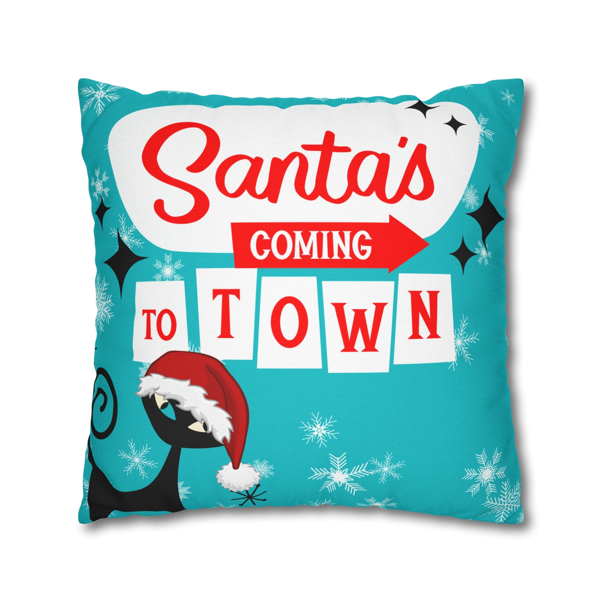 Mid Century Modern Chrismas Pillow Cover, Atomic Kitschy Cat, Snowflakes Pillow Cover, Aqua Blue Holiday MCM Pillow Case Cusion Covers Home Decor