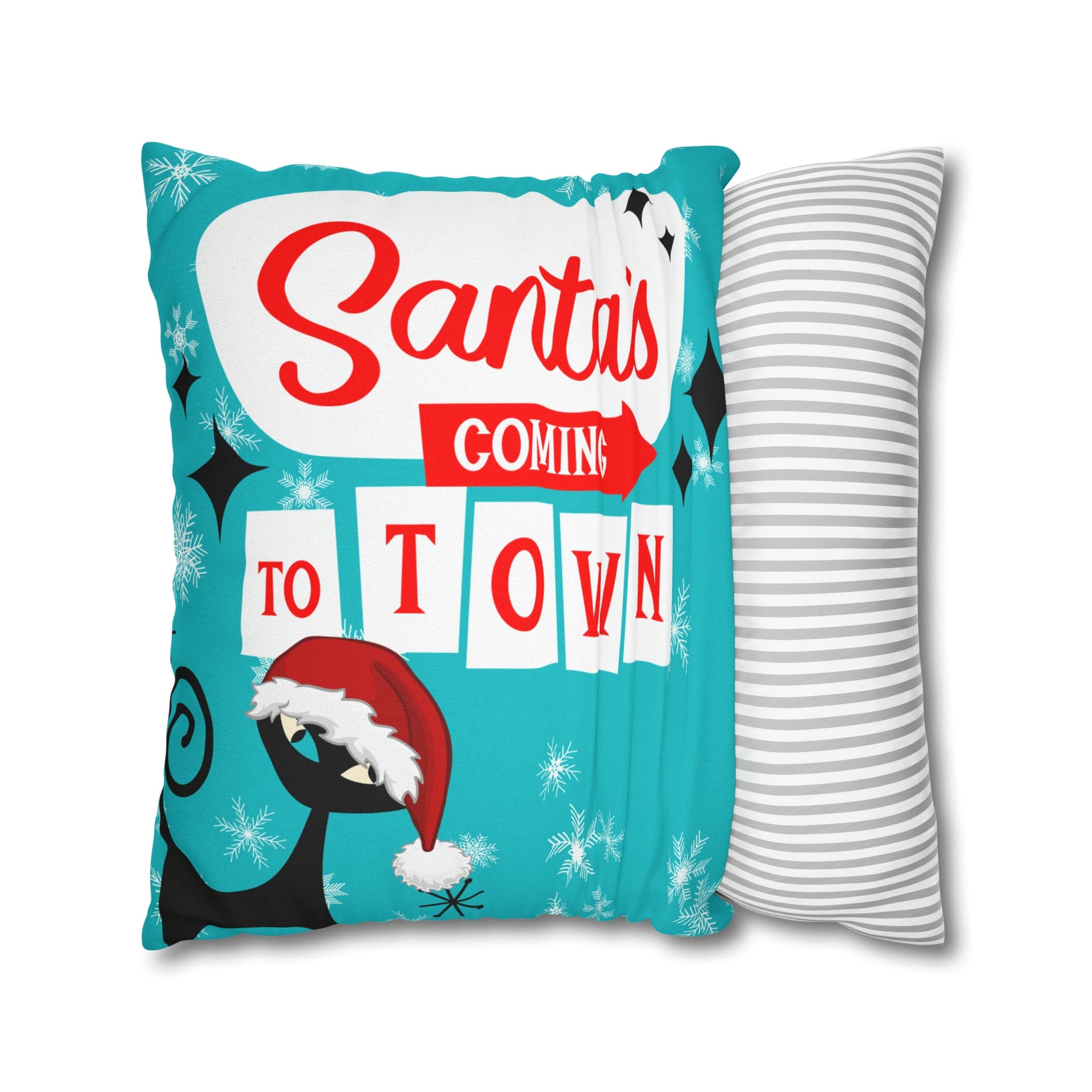 Mid Century Modern Chrismas Pillow Cover, Atomic Kitschy Cat, Snowflakes Pillow Cover, Aqua Blue Holiday MCM Pillow Case Cusion Covers Home Decor