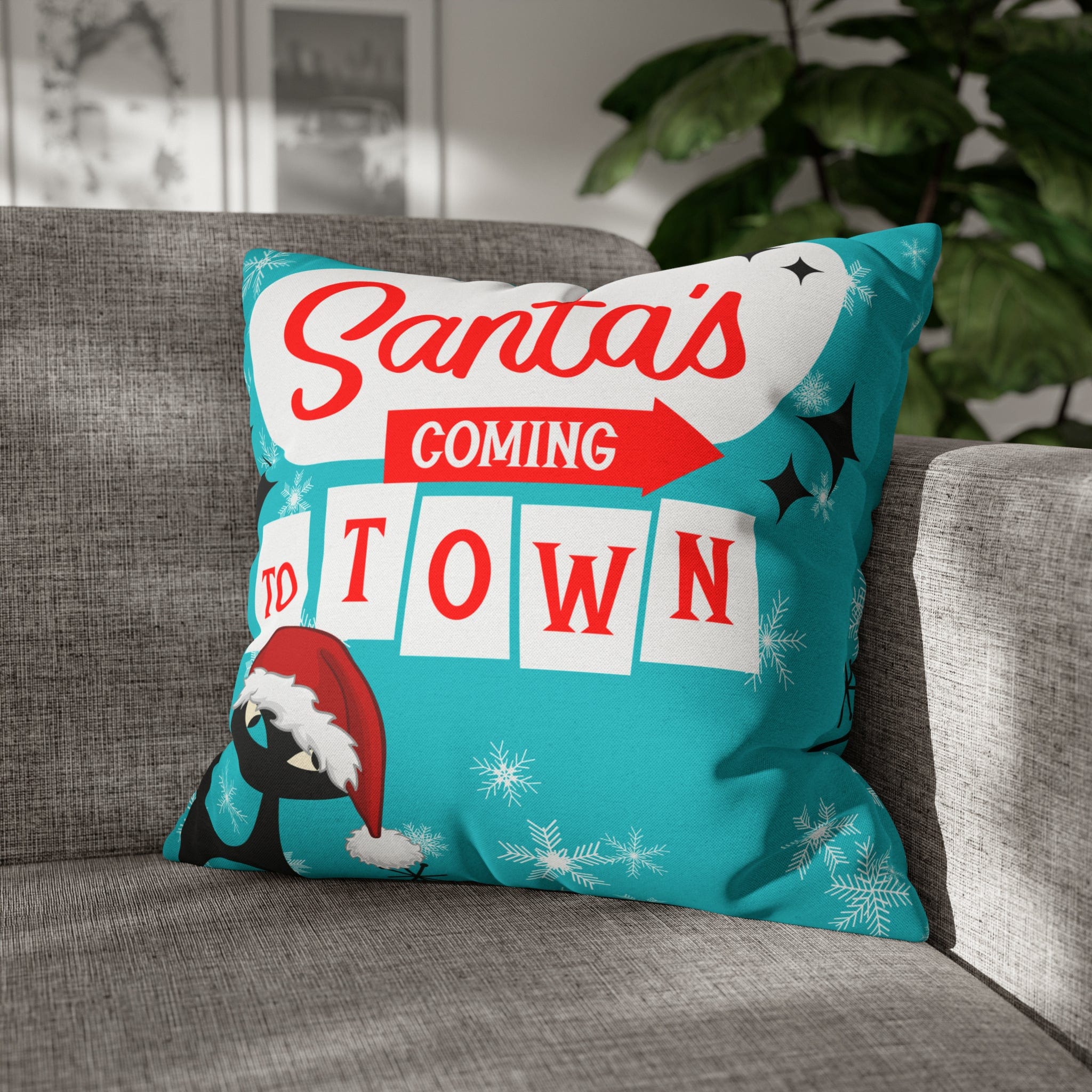 Mid Century Modern Chrismas Pillow Cover, Atomic Kitschy Cat, Snowflakes Pillow Cover, Aqua Blue Holiday MCM Pillow Case Cusion Covers Home Decor
