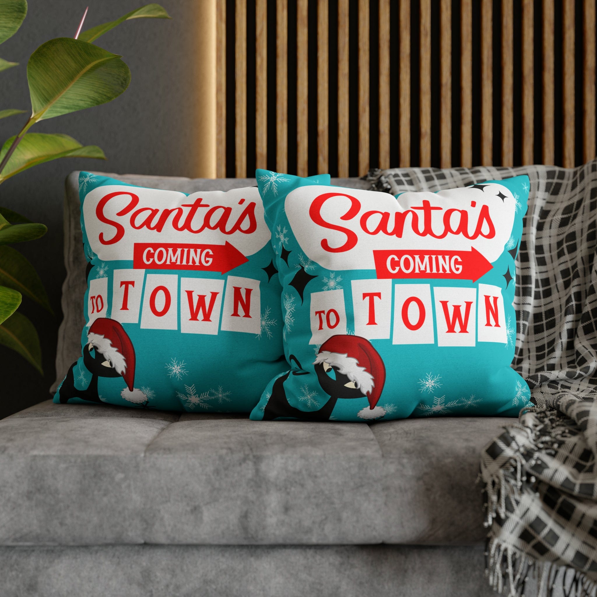 Mid Century Modern Chrismas Pillow Cover, Atomic Kitschy Cat, Snowflakes Pillow Cover, Aqua Blue Holiday MCM Pillow Case Cusion Covers Home Decor