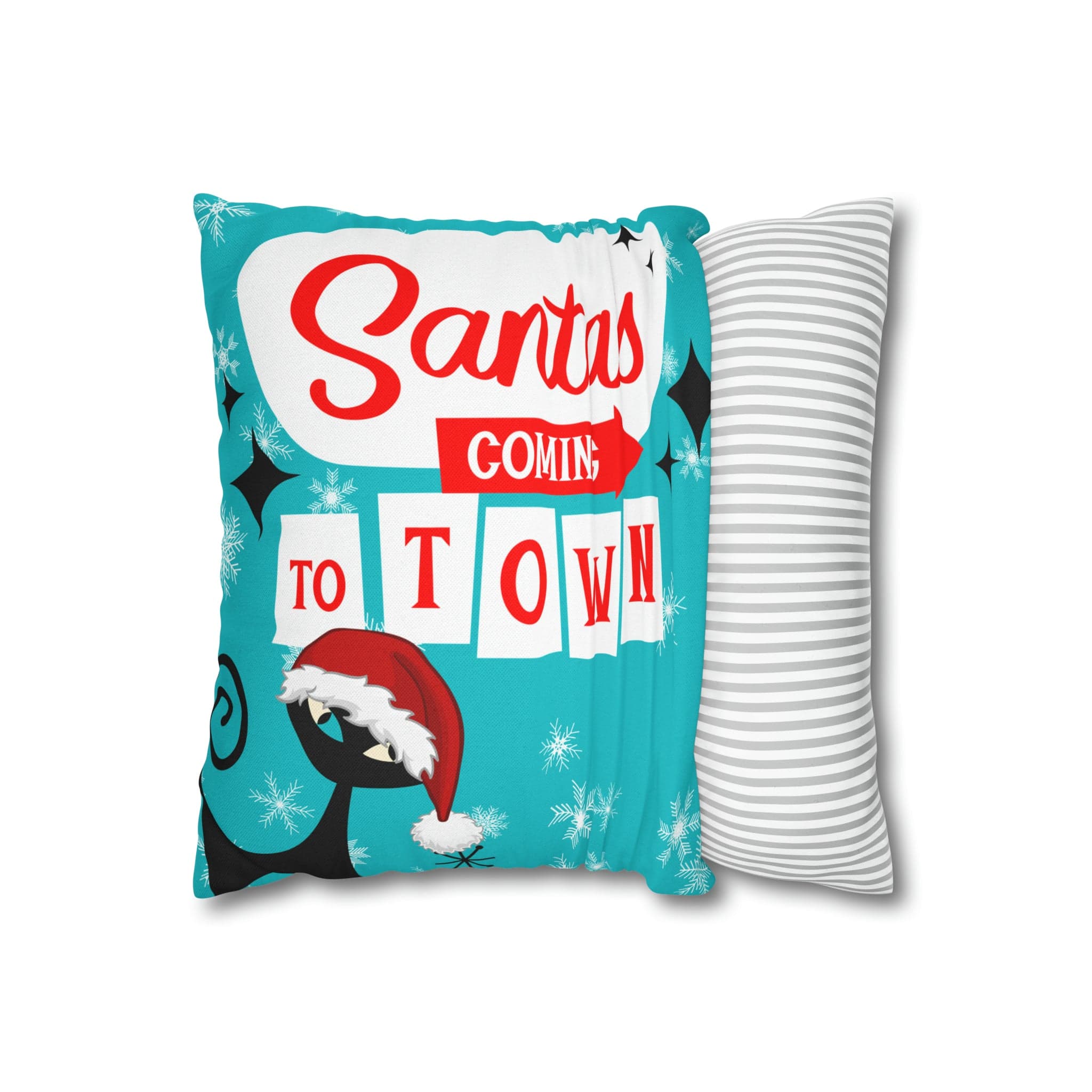 Mid Century Modern Chrismas Pillow Cover, Atomic Kitschy Cat, Snowflakes Pillow Cover, Aqua Blue Holiday MCM Pillow Case Cusion Covers Home Decor