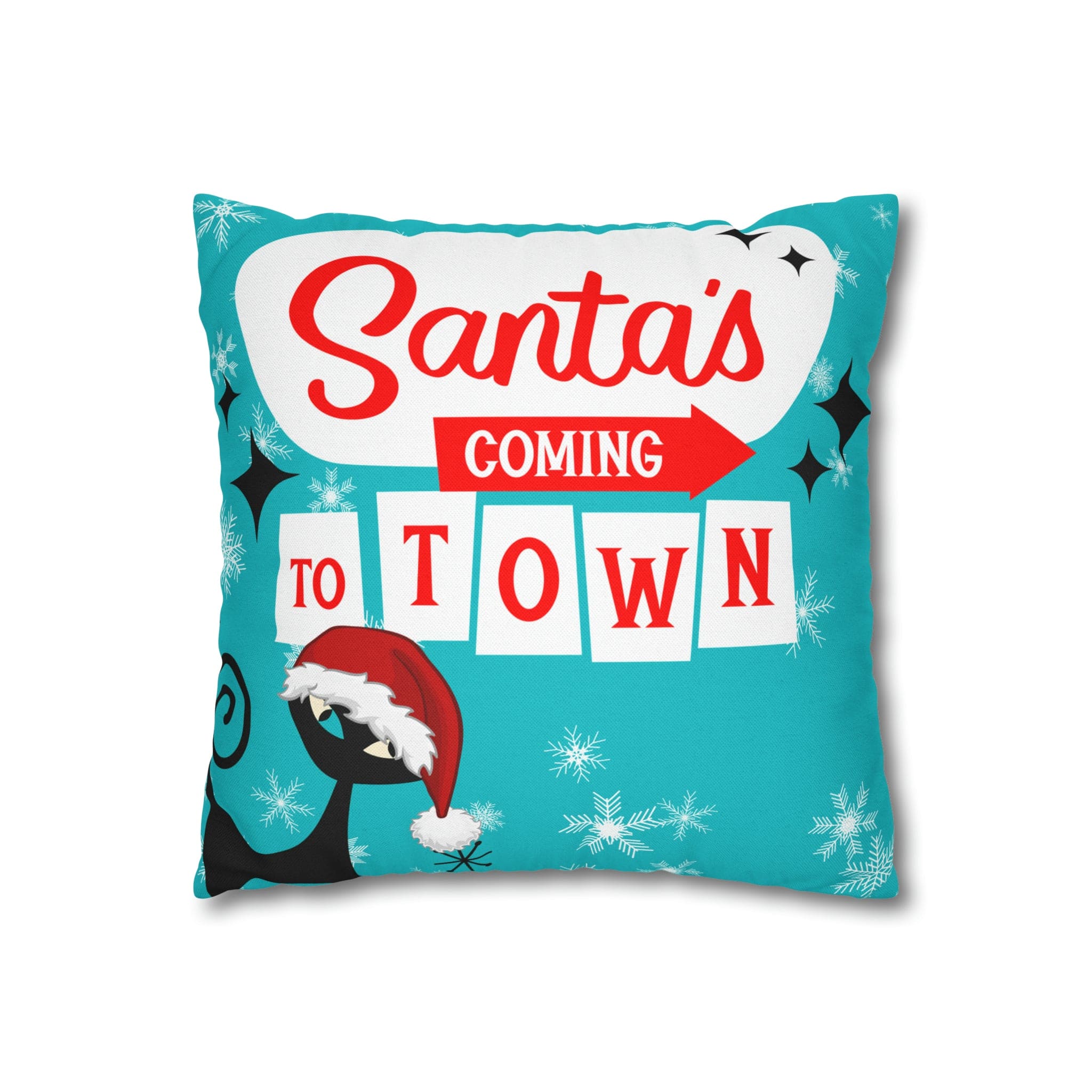 Mid Century Modern Chrismas Pillow Cover, Atomic Kitschy Cat, Snowflakes Pillow Cover, Aqua Blue Holiday MCM Pillow Case Cusion Covers Home Decor