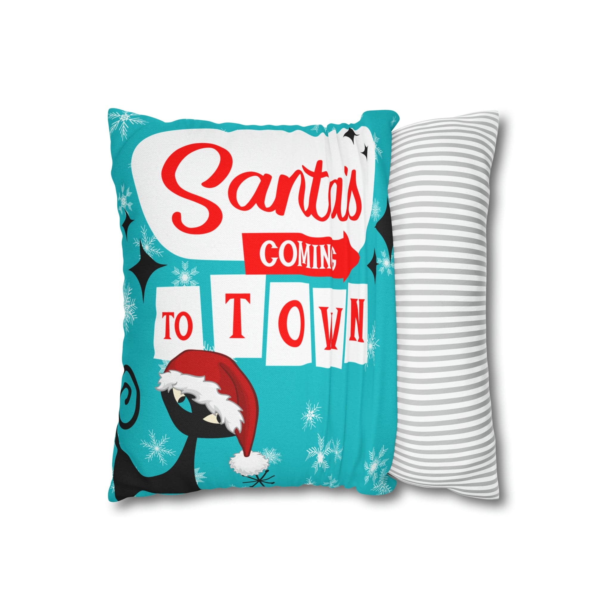 Mid Century Modern Chrismas Pillow Cover, Atomic Kitschy Cat, Snowflakes Pillow Cover, Aqua Blue Holiday MCM Pillow Case Cusion Covers Home Decor