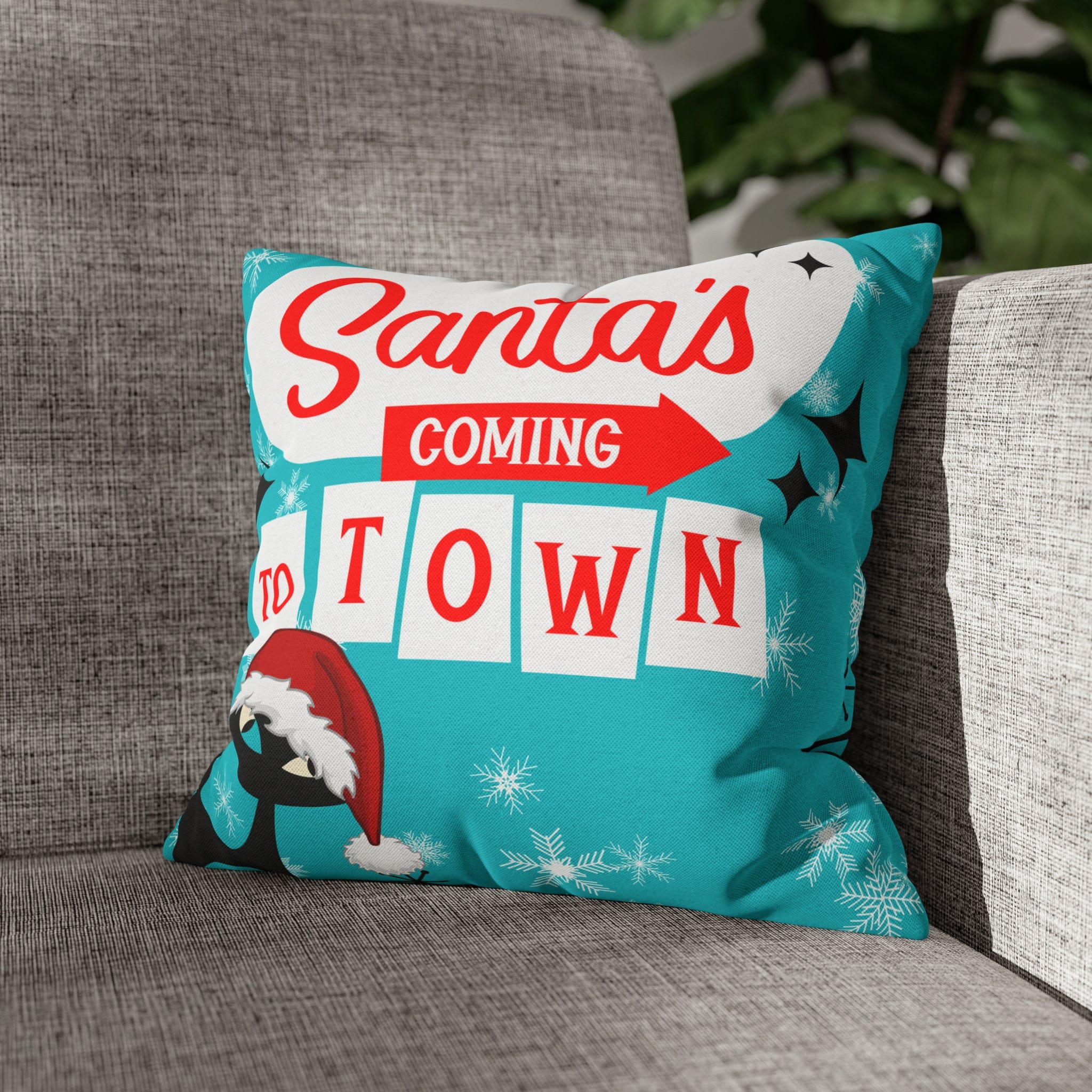 Mid Century Modern Chrismas Pillow Cover, Atomic Kitschy Cat, Snowflakes Pillow Cover, Aqua Blue Holiday MCM Pillow Case Cusion Covers Home Decor