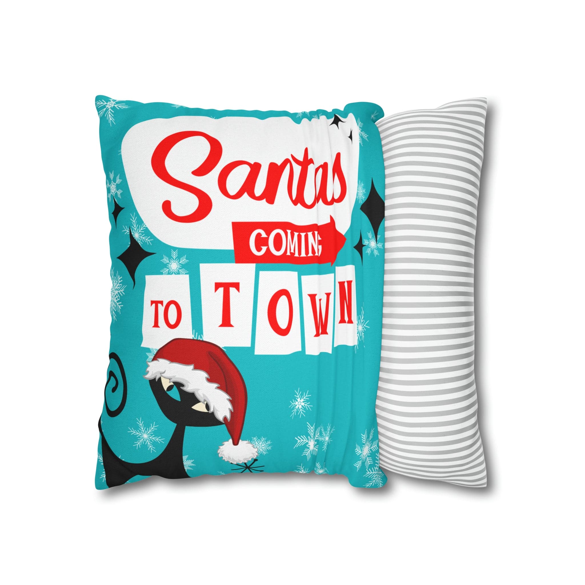 Mid Century Modern Chrismas Pillow Cover, Atomic Kitschy Cat, Snowflakes Pillow Cover, Aqua Blue Holiday MCM Pillow Case Cusion Covers Home Decor