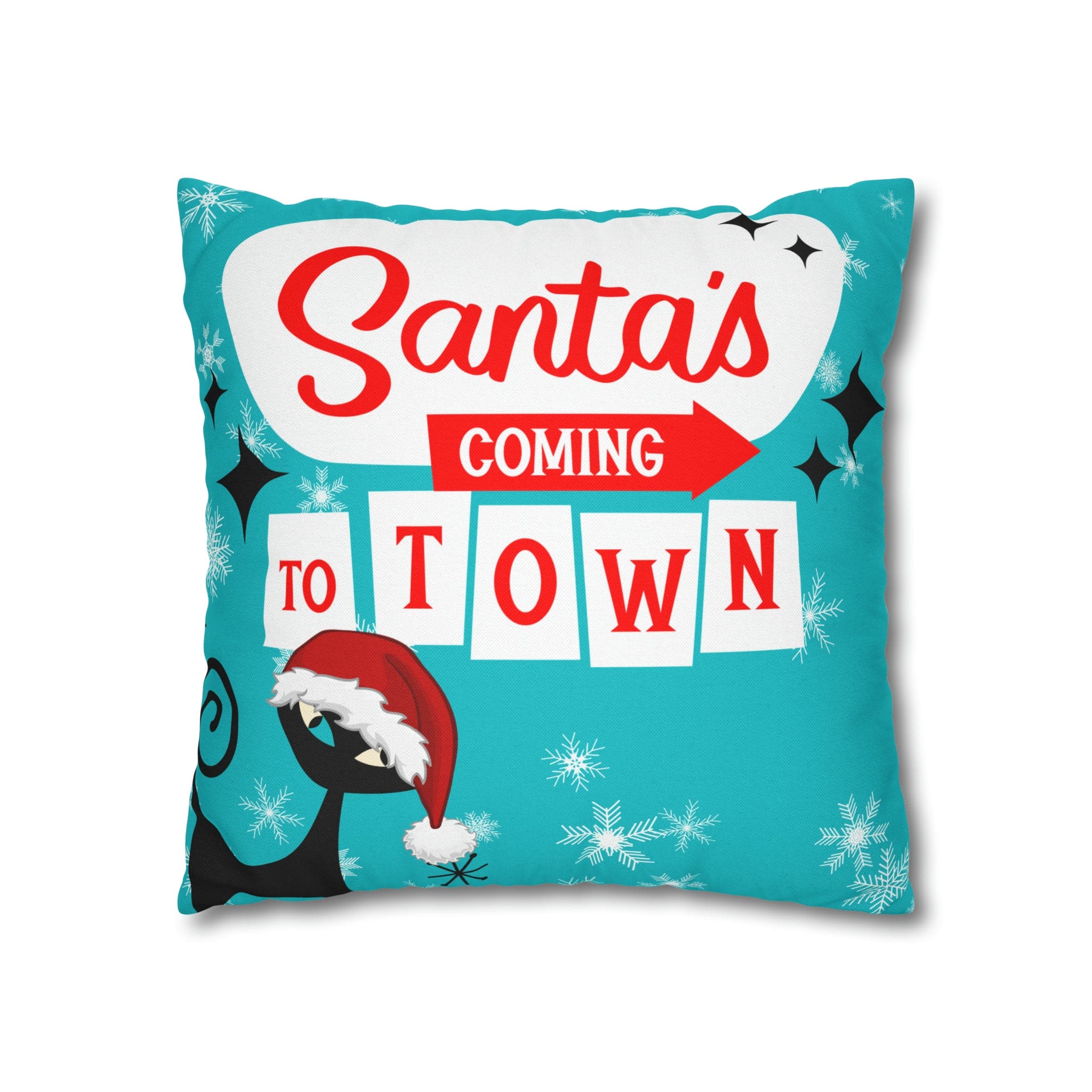 Mid Century Modern Chrismas Pillow Cover, Atomic Kitschy Cat, Snowflakes Pillow Cover, Aqua Blue Holiday MCM Pillow Case Cusion Covers Home Decor