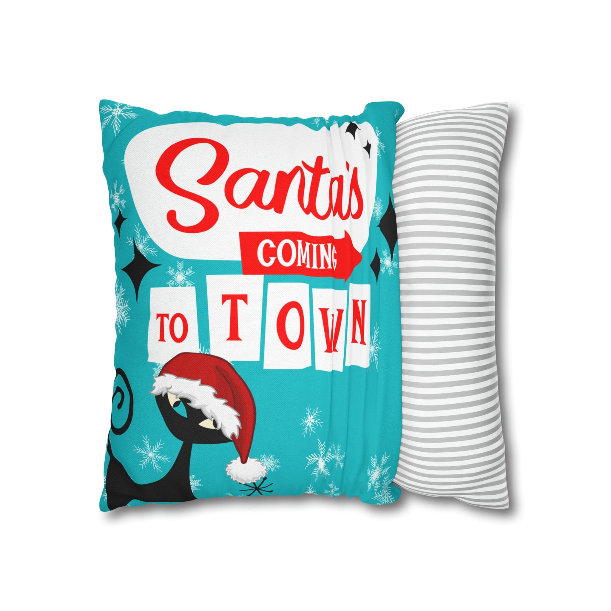 Mid Century Modern Chrismas Pillow Cover, Atomic Kitschy Cat, Snowflakes Pillow Cover, Aqua Blue Holiday MCM Pillow Case Cusion Covers Home Decor