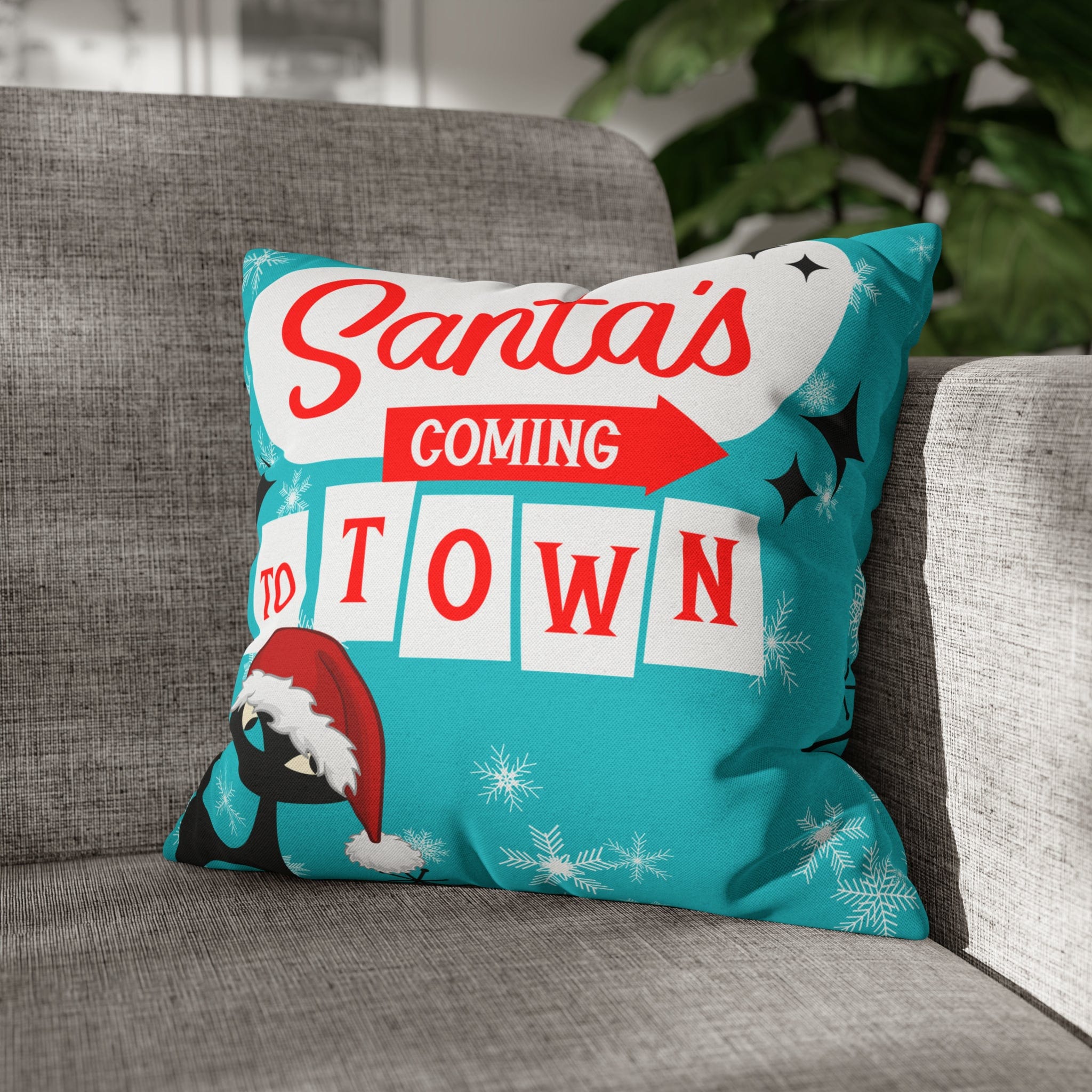 Mid Century Modern Chrismas Pillow Cover, Atomic Kitschy Cat, Snowflakes Pillow Cover, Aqua Blue Holiday MCM Pillow Case Cusion Covers Home Decor