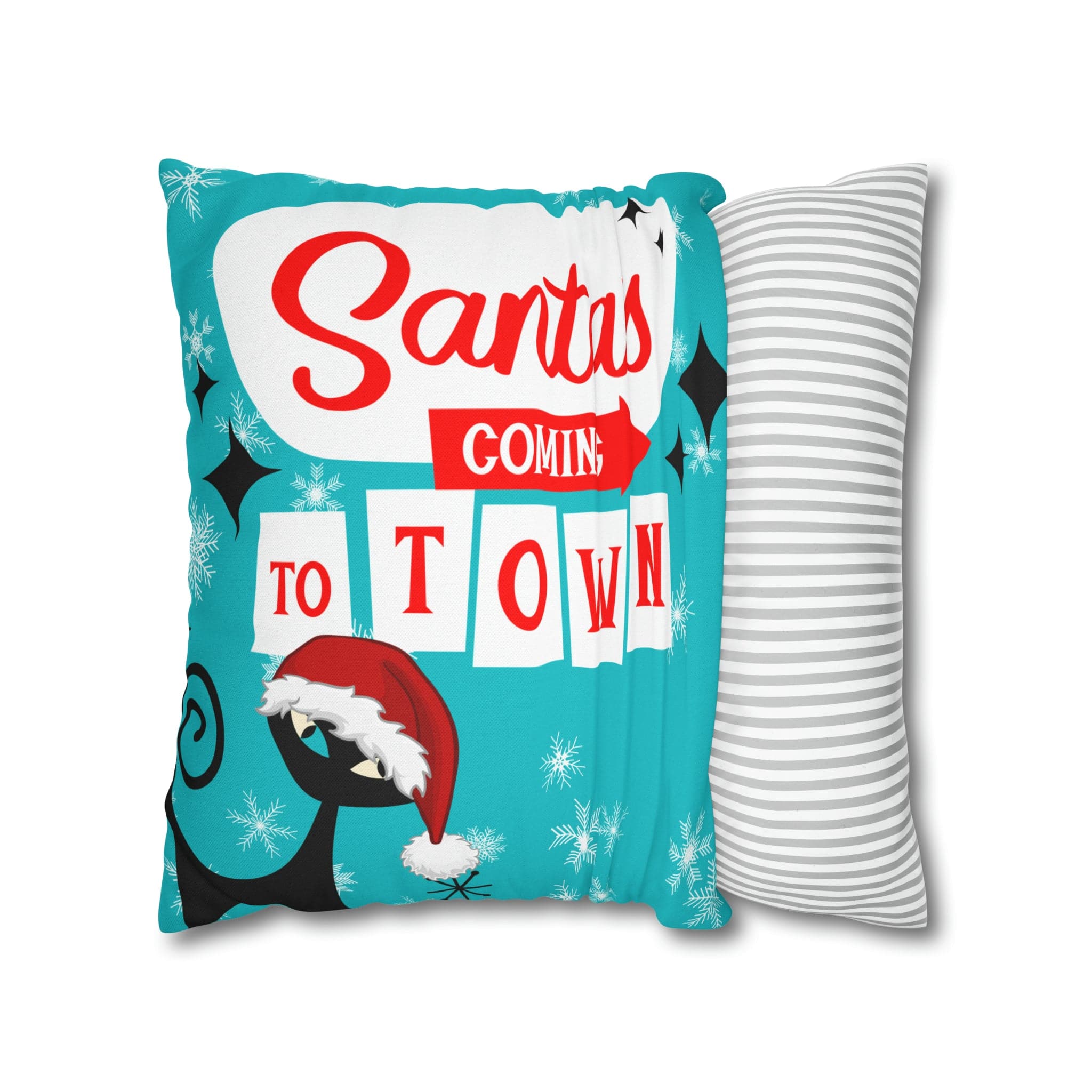 Mid Century Modern Chrismas Pillow Cover, Atomic Kitschy Cat, Snowflakes Pillow Cover, Aqua Blue Holiday MCM Pillow Case Cusion Covers Home Decor