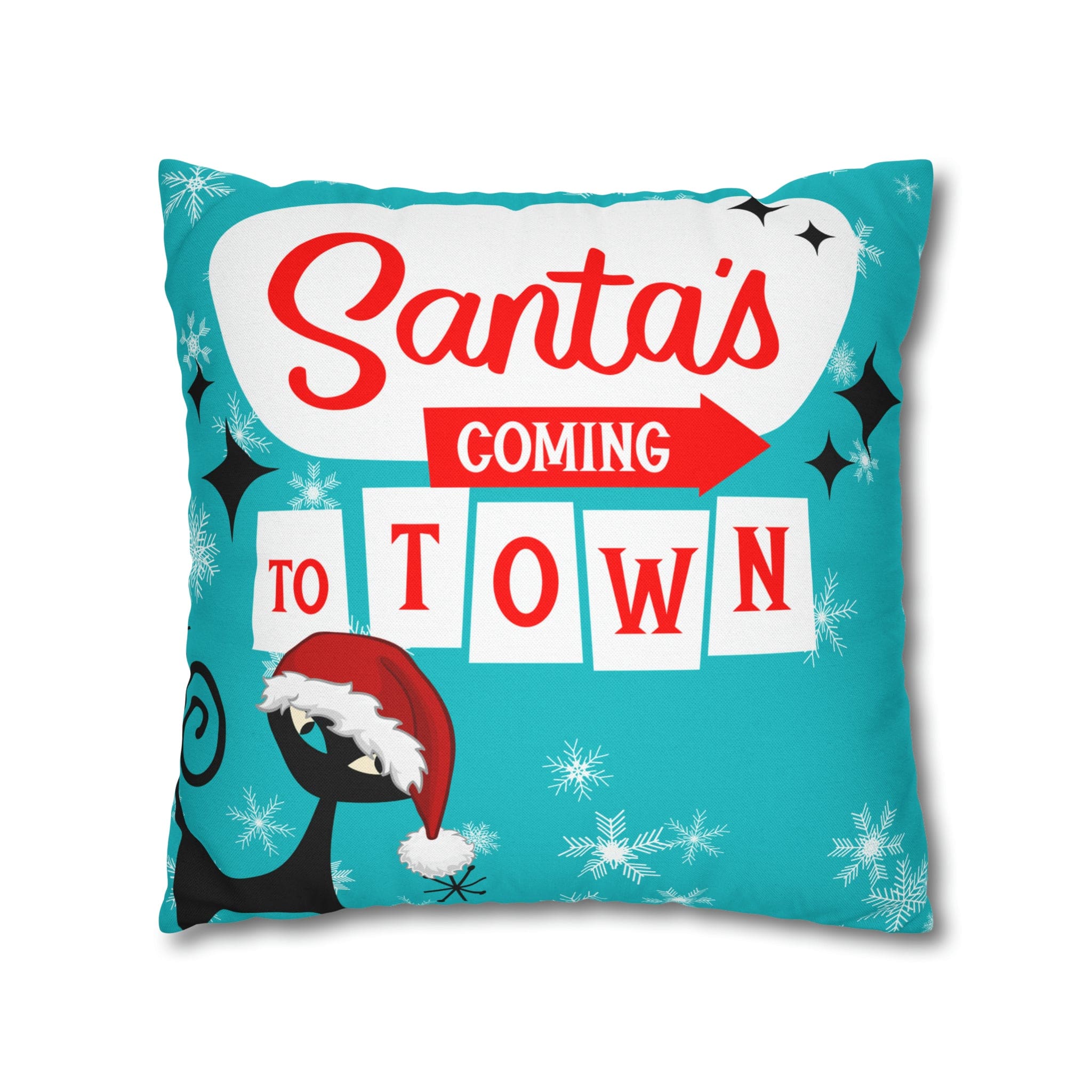 Mid Century Modern Chrismas Pillow Cover, Atomic Kitschy Cat, Snowflakes Pillow Cover, Aqua Blue Holiday MCM Pillow Case Cusion Covers Home Decor