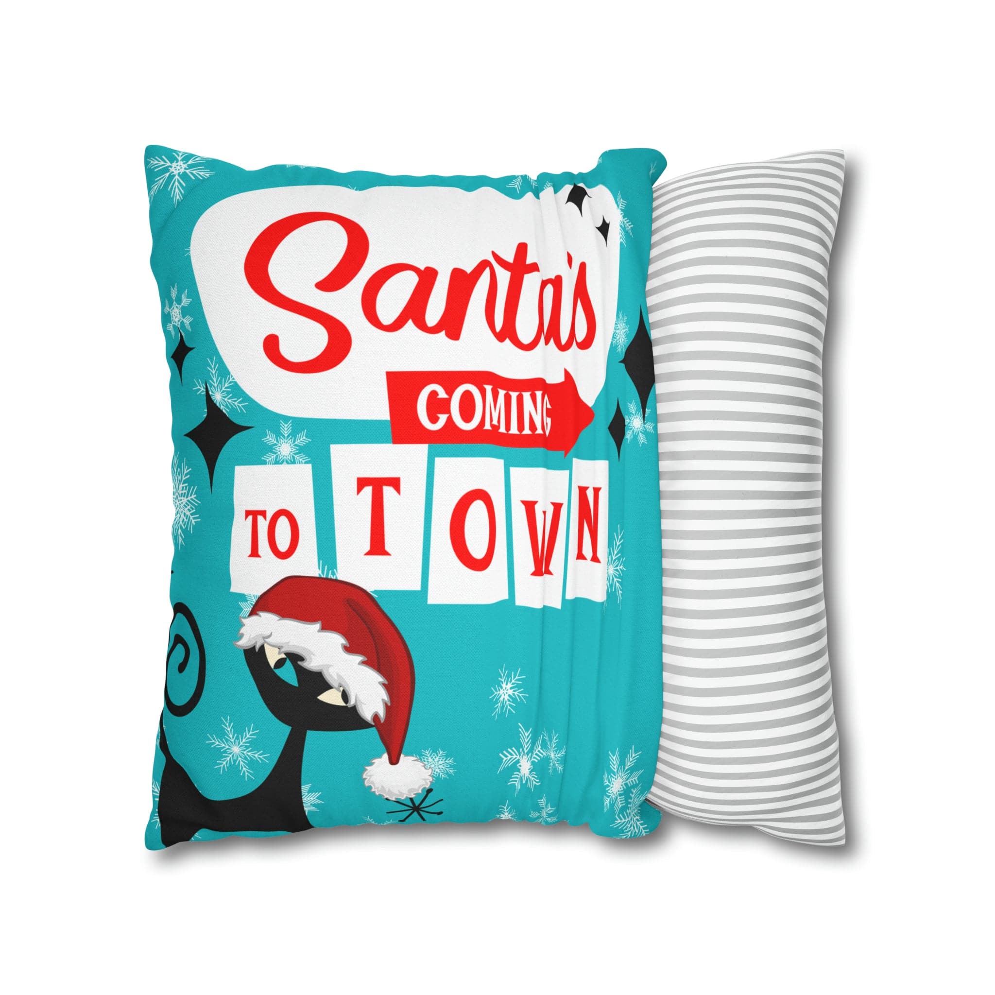 Mid Century Modern Chrismas Pillow Cover, Atomic Kitschy Cat, Snowflakes Pillow Cover, Aqua Blue Holiday MCM Pillow Case Cusion Covers Home Decor