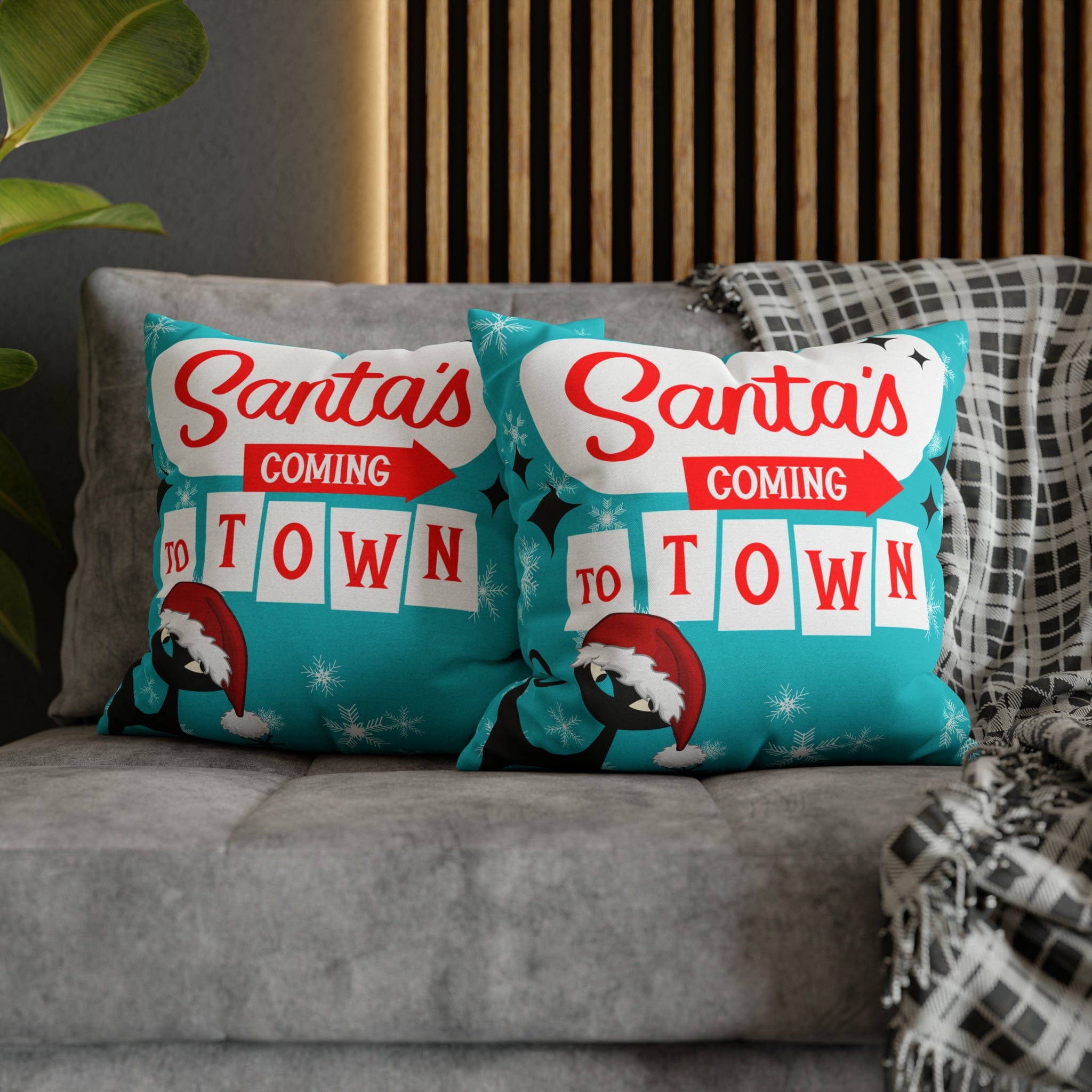 Mid Century Modern Chrismas Pillow Cover, Atomic Kitschy Cat, Snowflakes Pillow Cover, Aqua Blue Holiday MCM Pillow Case Cusion Covers Home Decor