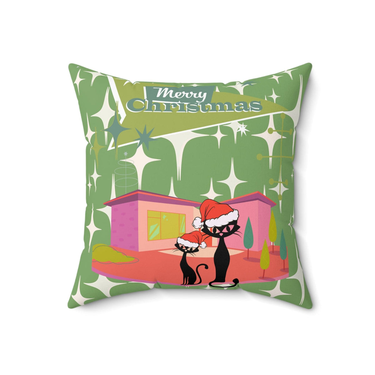 Mid Century Modern Christmas Atomic Cat, Kitschy 50's Christmas Home Decor Green Starburst Spun Polyester Square Pillow Home Decor