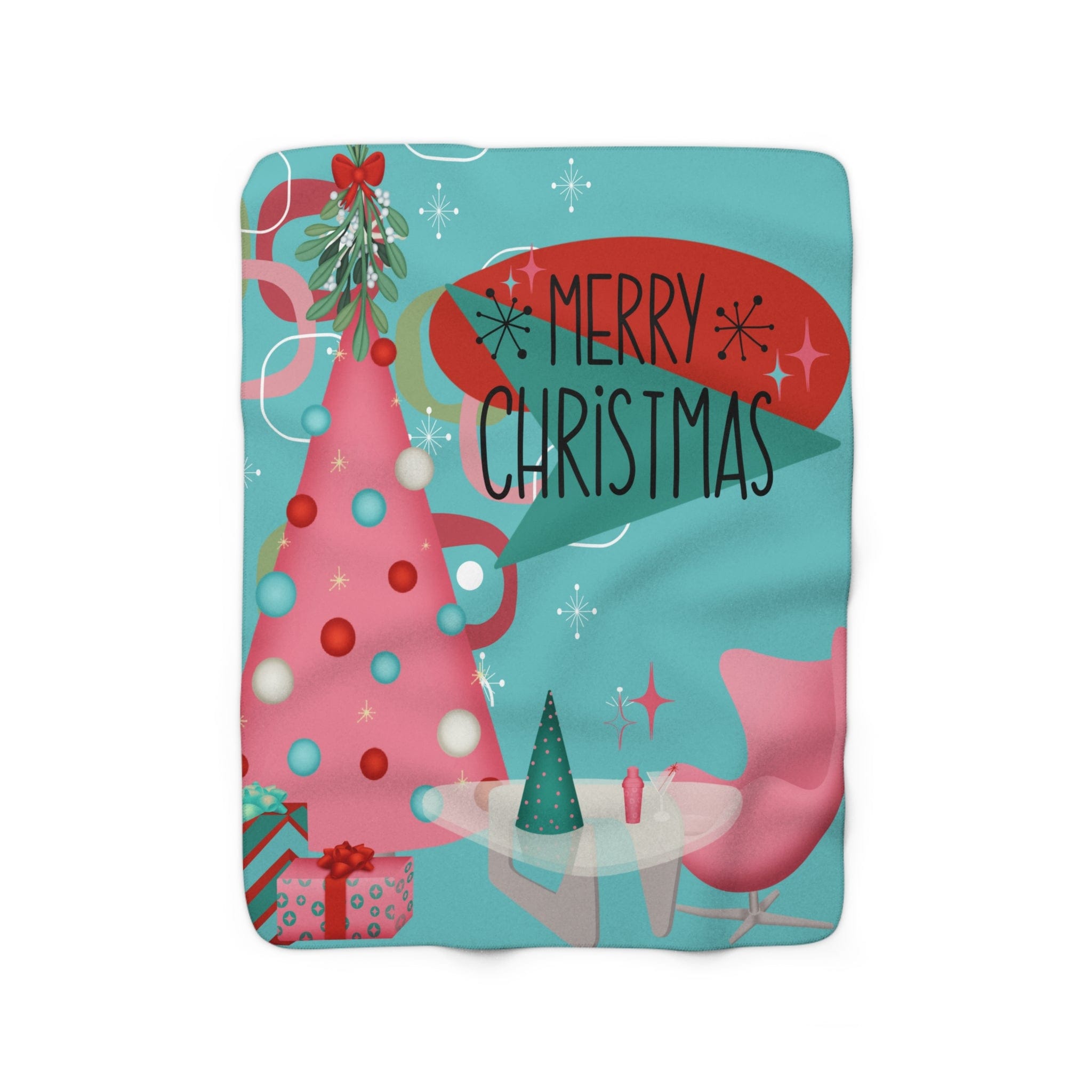 Mid Century Modern Christmas Blanket, Aqua Pink, Whimsical Holiday Kitsch Sherpa Fleece Blanket Home Decor