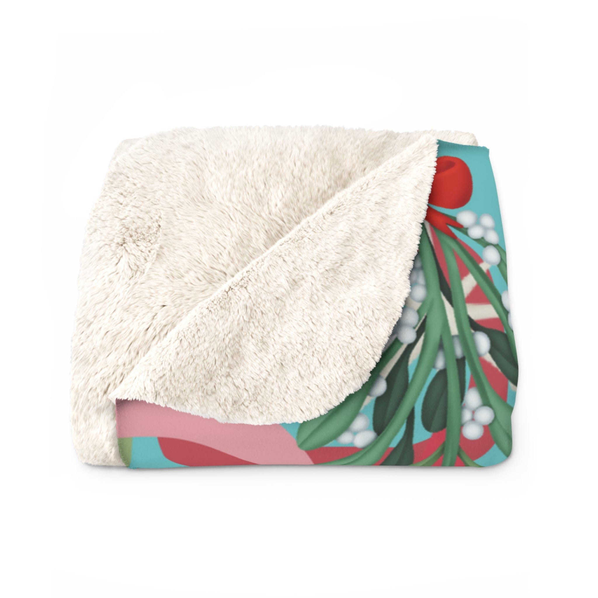 Mid Century Modern Christmas Blanket, Aqua Pink, Whimsical Holiday Kitsch Sherpa Fleece Blanket Home Decor