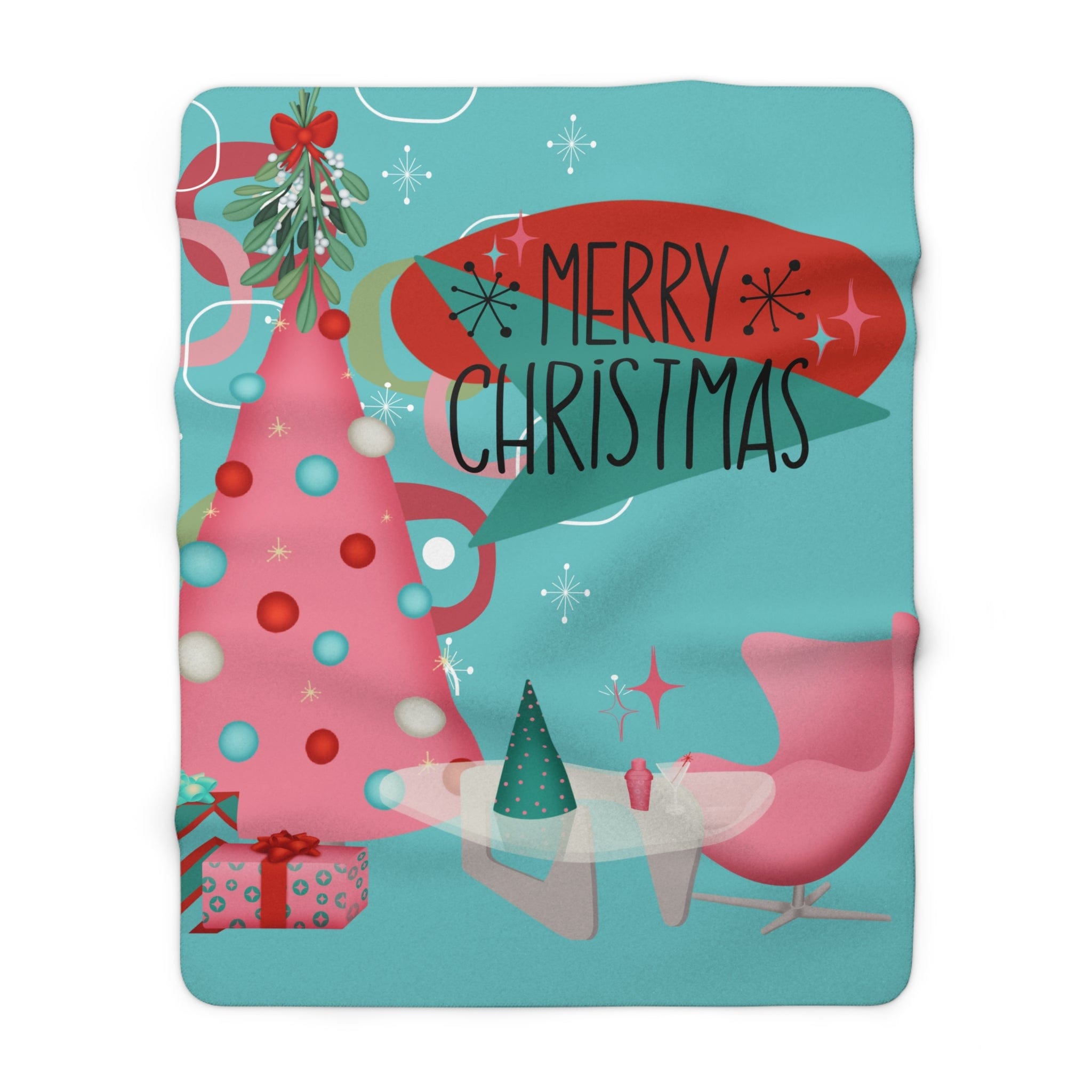 Mid Century Modern Christmas Blanket, Aqua Pink, Whimsical Holiday Kitsch Sherpa Fleece Blanket Home Decor