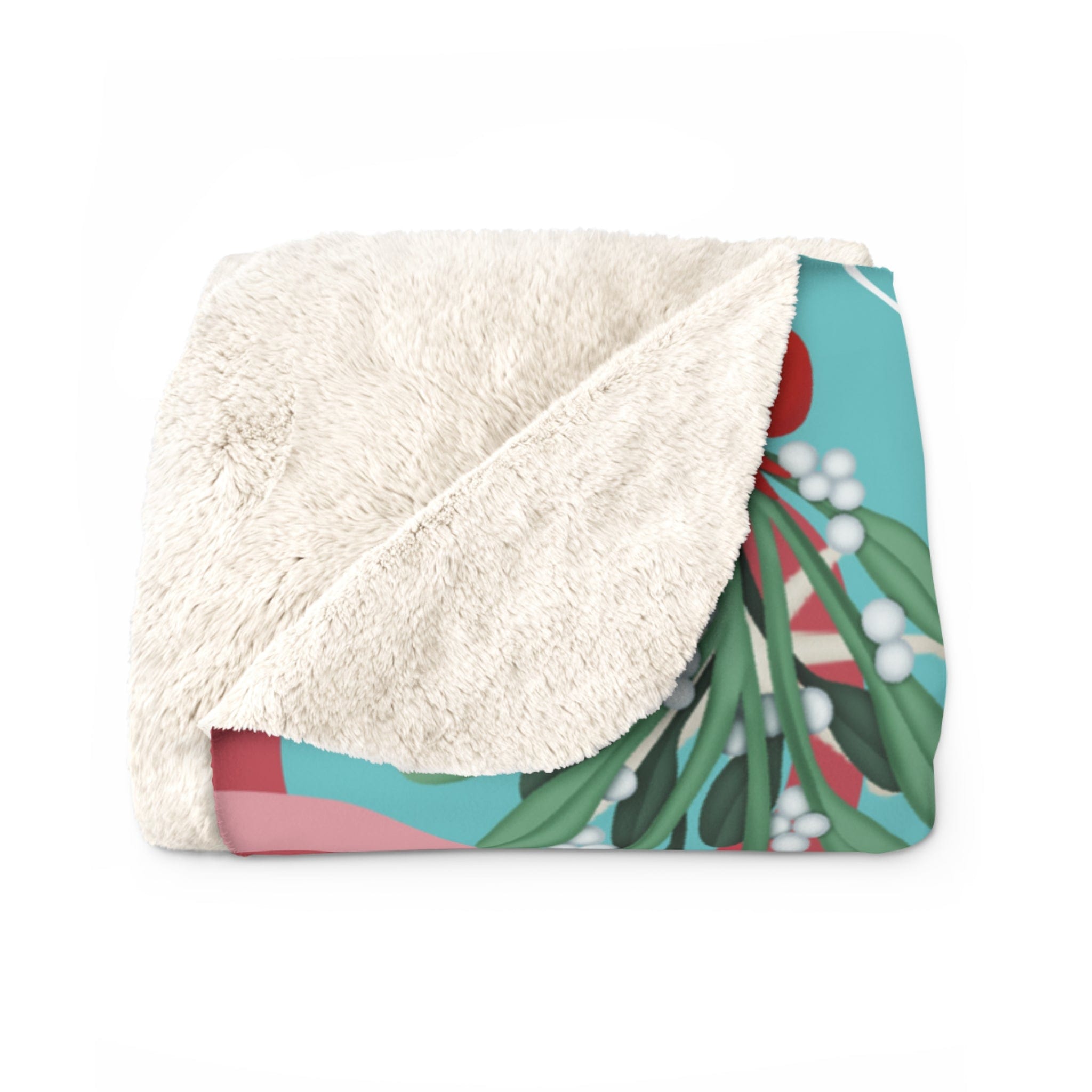 Mid Century Modern Christmas Blanket, Aqua Pink, Whimsical Holiday Kitsch Sherpa Fleece Blanket Home Decor