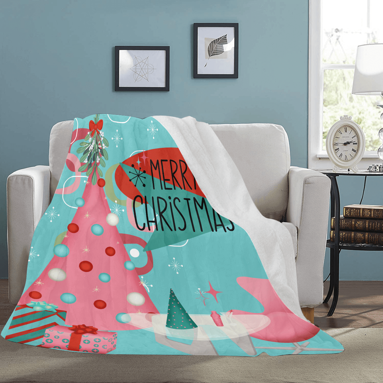 Mid Century Modern Christmas Blanket, Aqua Pink, Whimsical Holiday Kitsch Sherpa Fleece Blanket Home Decor