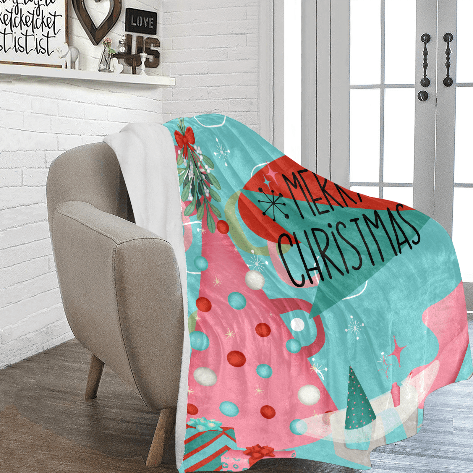 Mid Century Modern Christmas Blanket, Aqua Pink, Whimsical Holiday Kitsch Sherpa Fleece Blanket Home Decor